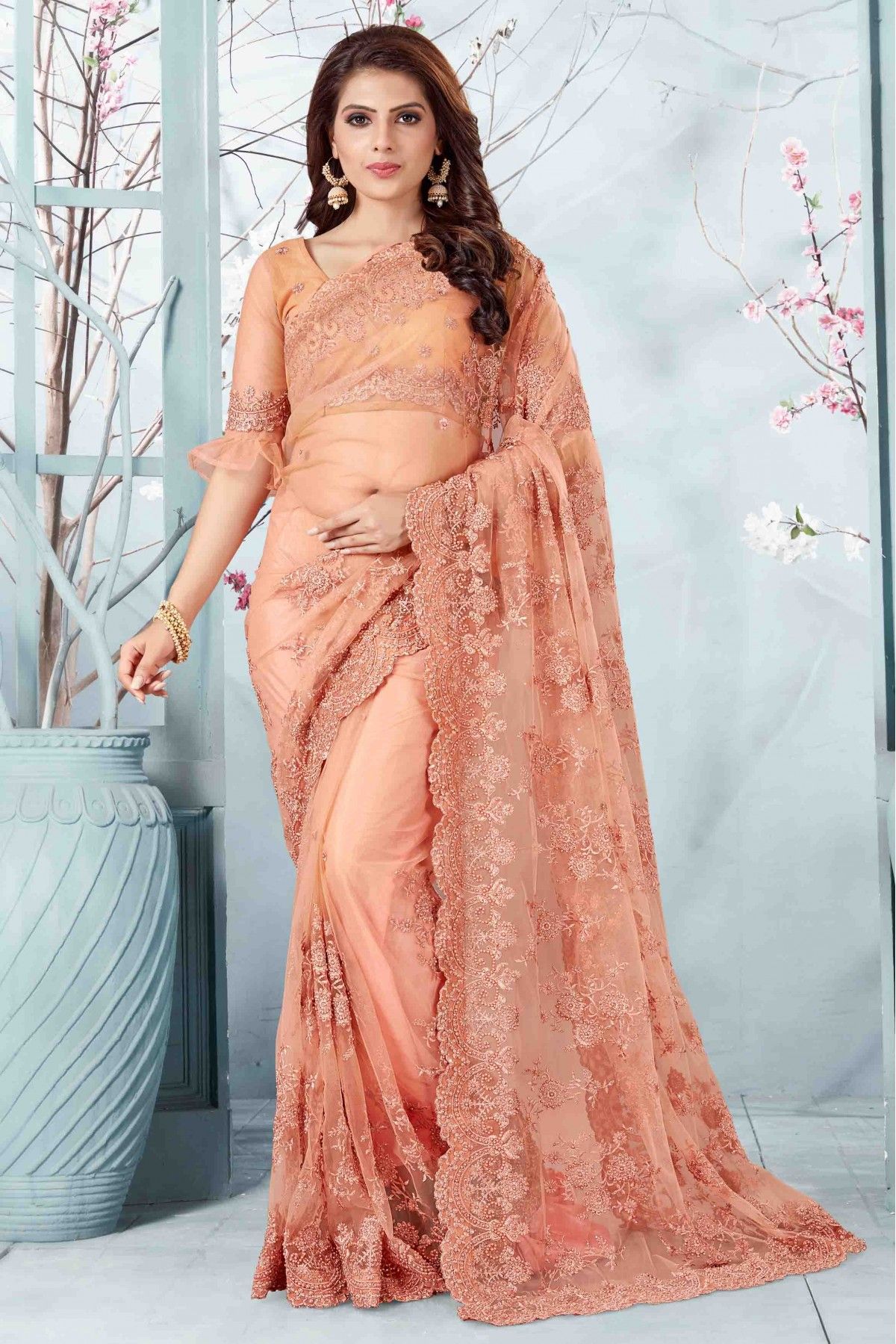 Peach Color Soft Crepe Silk Traditional Wear Designer Saree Blouse  -1934134572 | Heenastyle