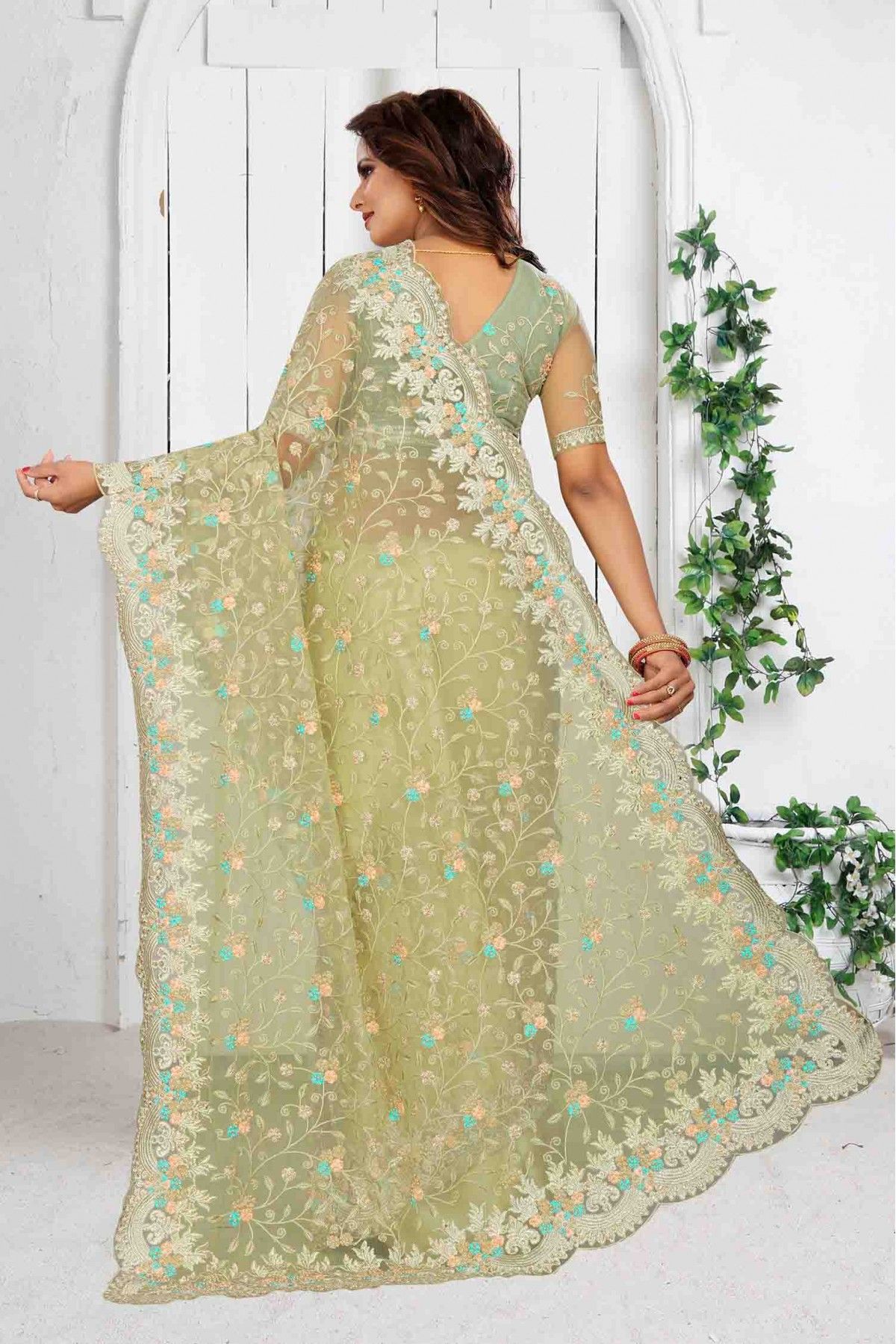 Pista Green Saree with Desinger Blouse for Ladies Sangeet Saree