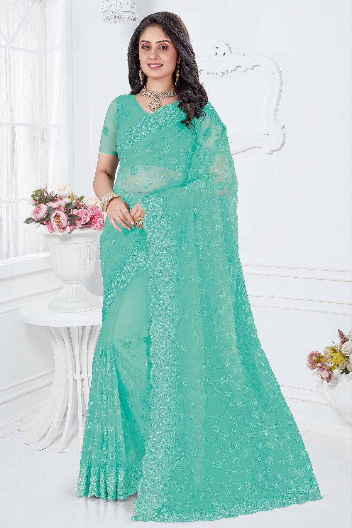 Designer Sky Blue Net Embellished Saree – sasyafashion