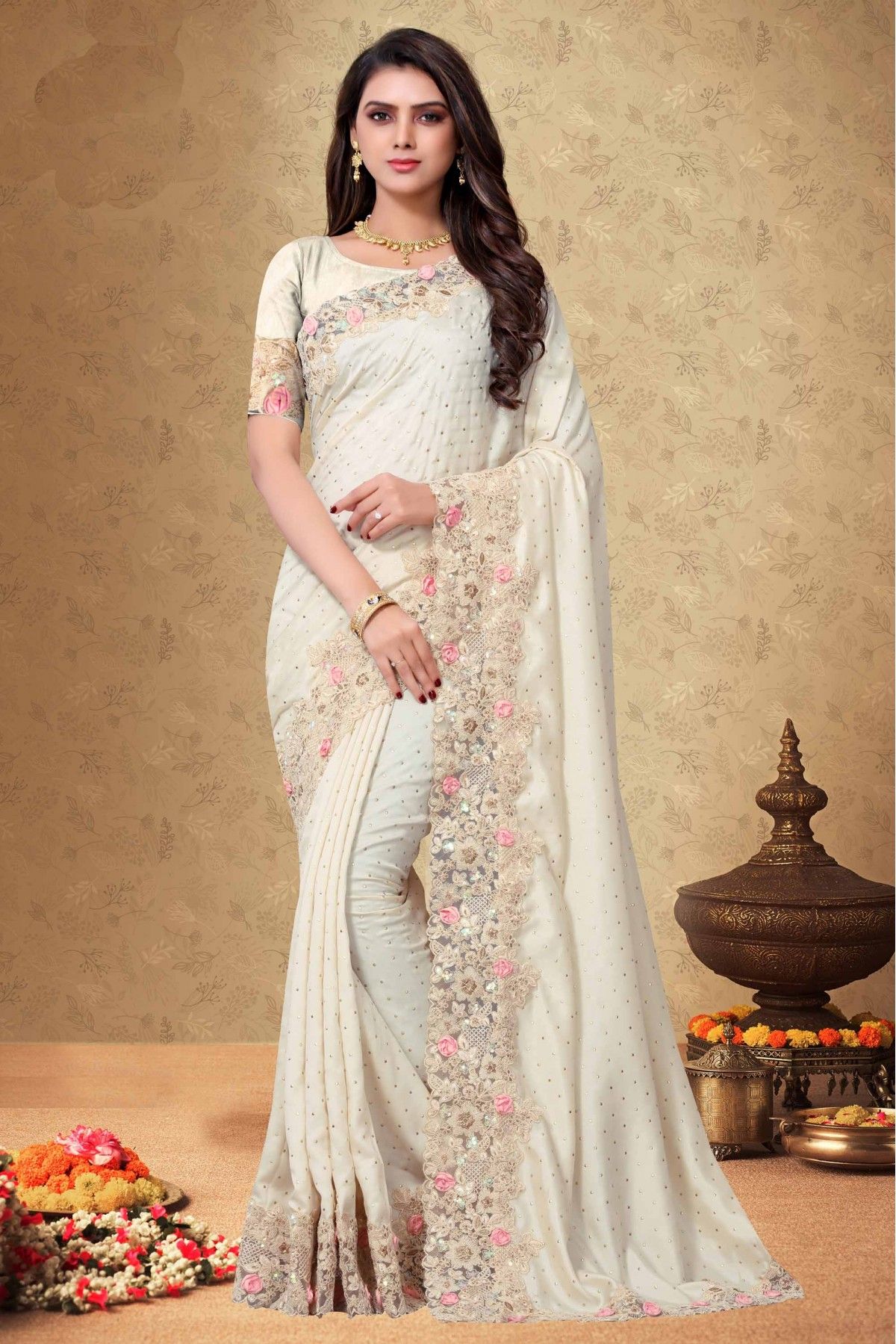 Designer Saree in Off-White Color – Simaaya