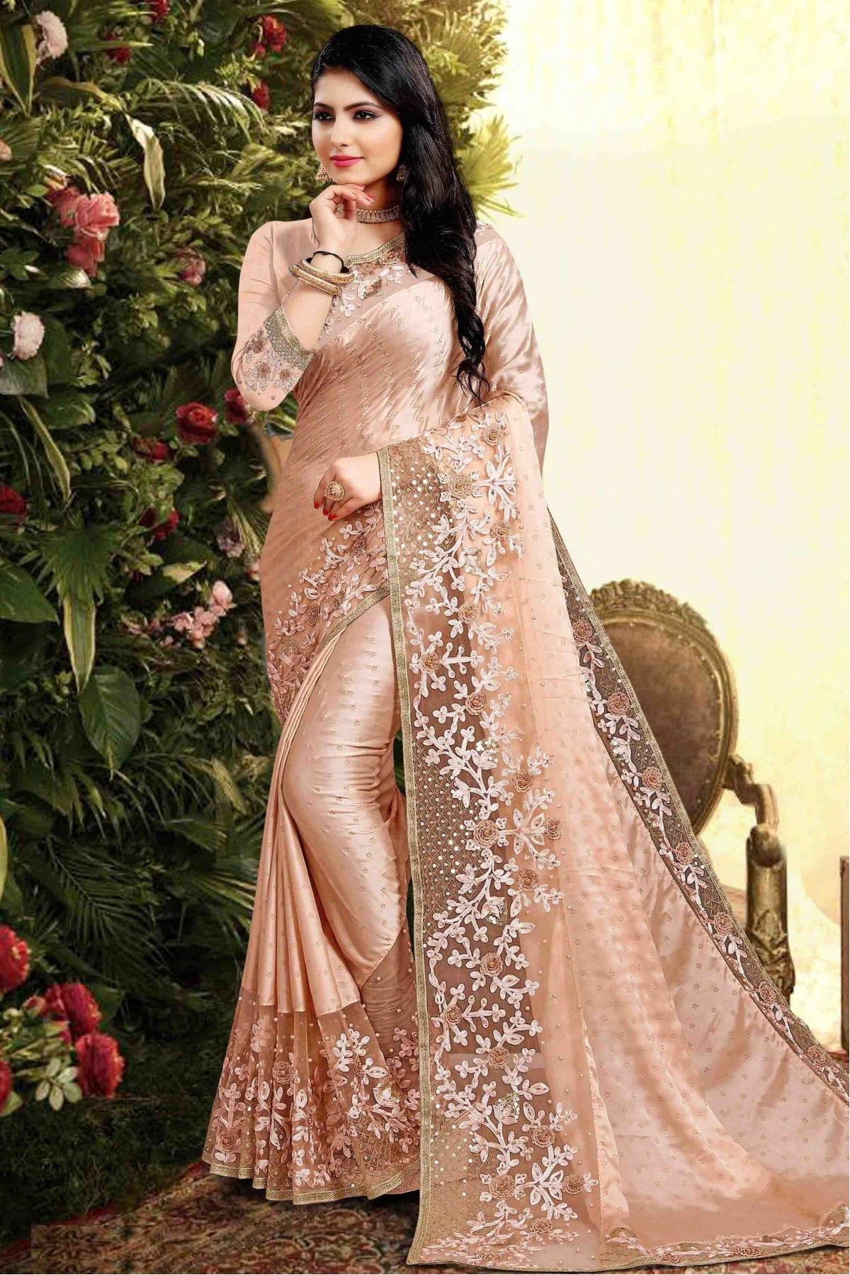 Chic light taupe Crushed saree with Pearl embellished stitched work Bl –  siyarasfashionhouse