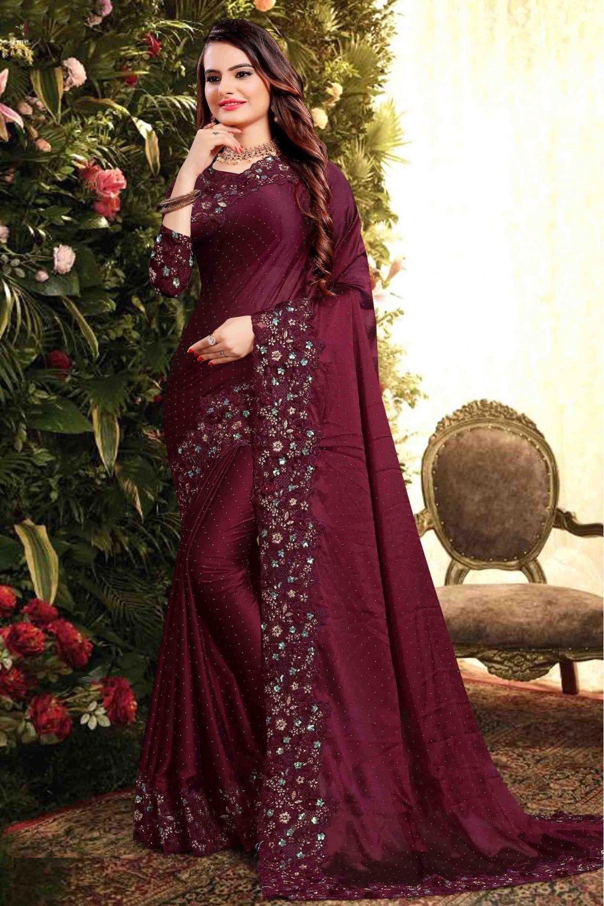 Buy Wine Color Pre-Pleated Saree Online | ViBha