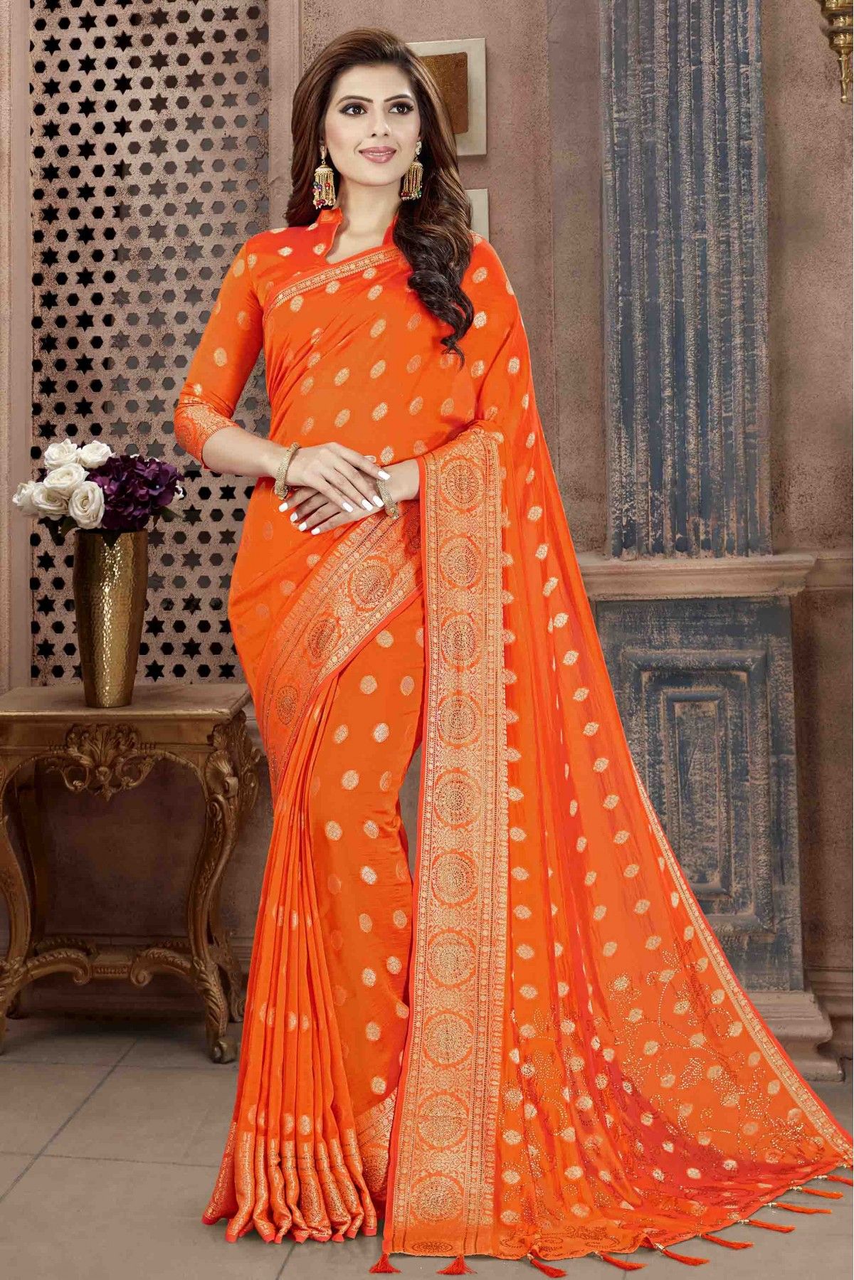 Orange Color Crystal Organza Saree With All Over Floral Prints and Jerkan  and Stone Work Beautiful Saree Hand Work Saree Party Wear Saree - Etsy