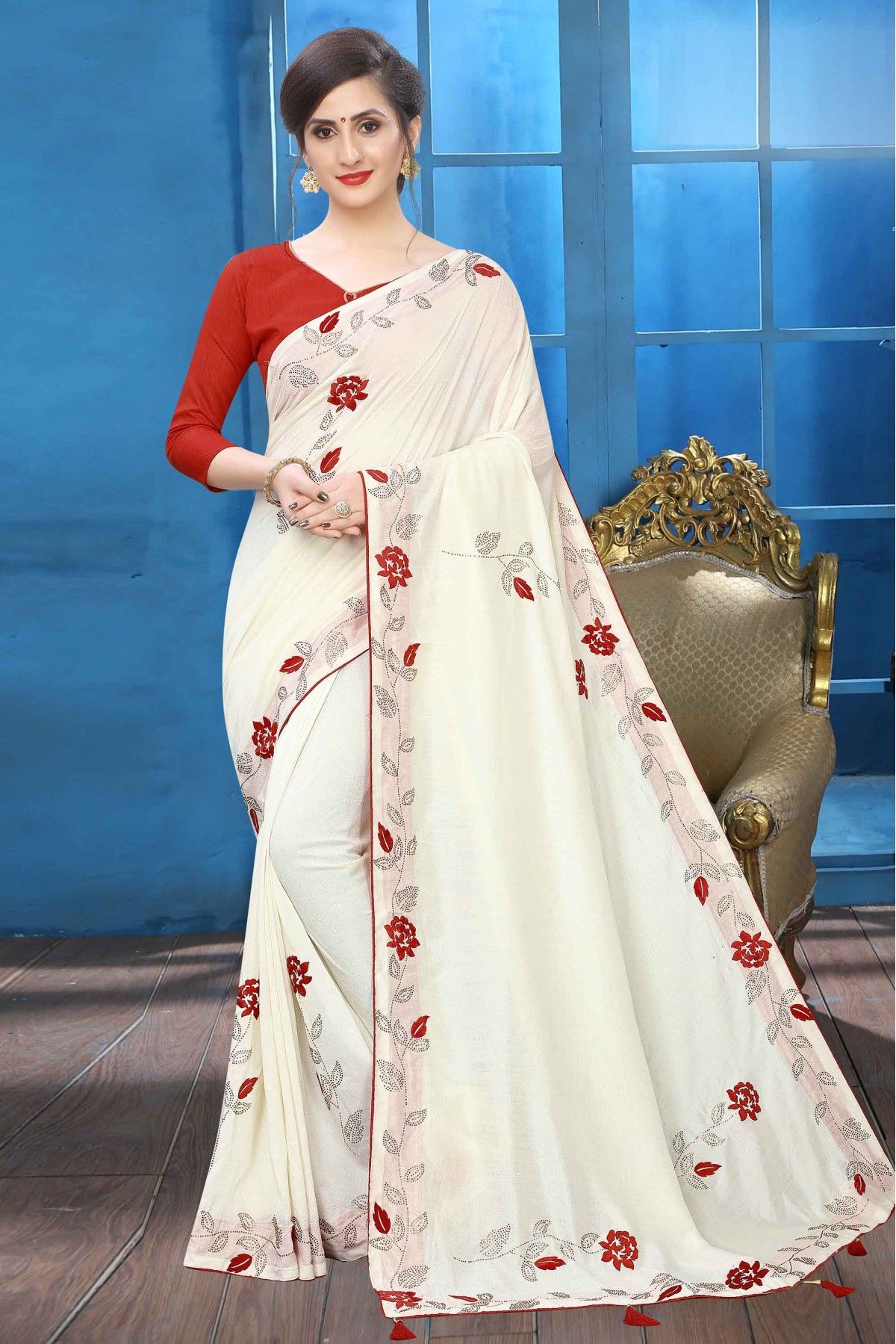 Beautiful Embroidery White Colour Heart Design Soft Georgette Saree with  Unstiched Blouse (Red)(Ready To Wear) : Amazon.in: Fashion