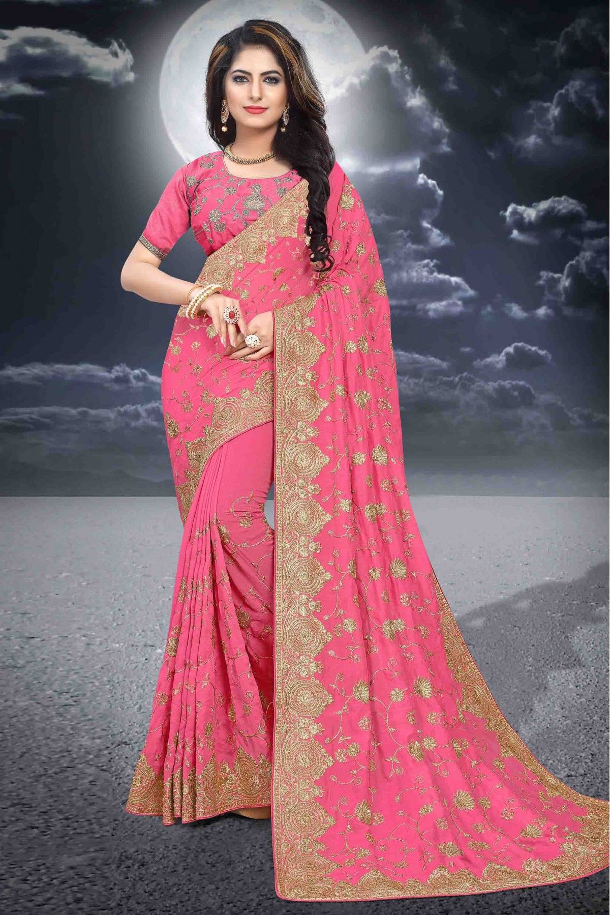 Pink Colour Vichitra Silk heavy work Saree - Teeya Creation - 4215200