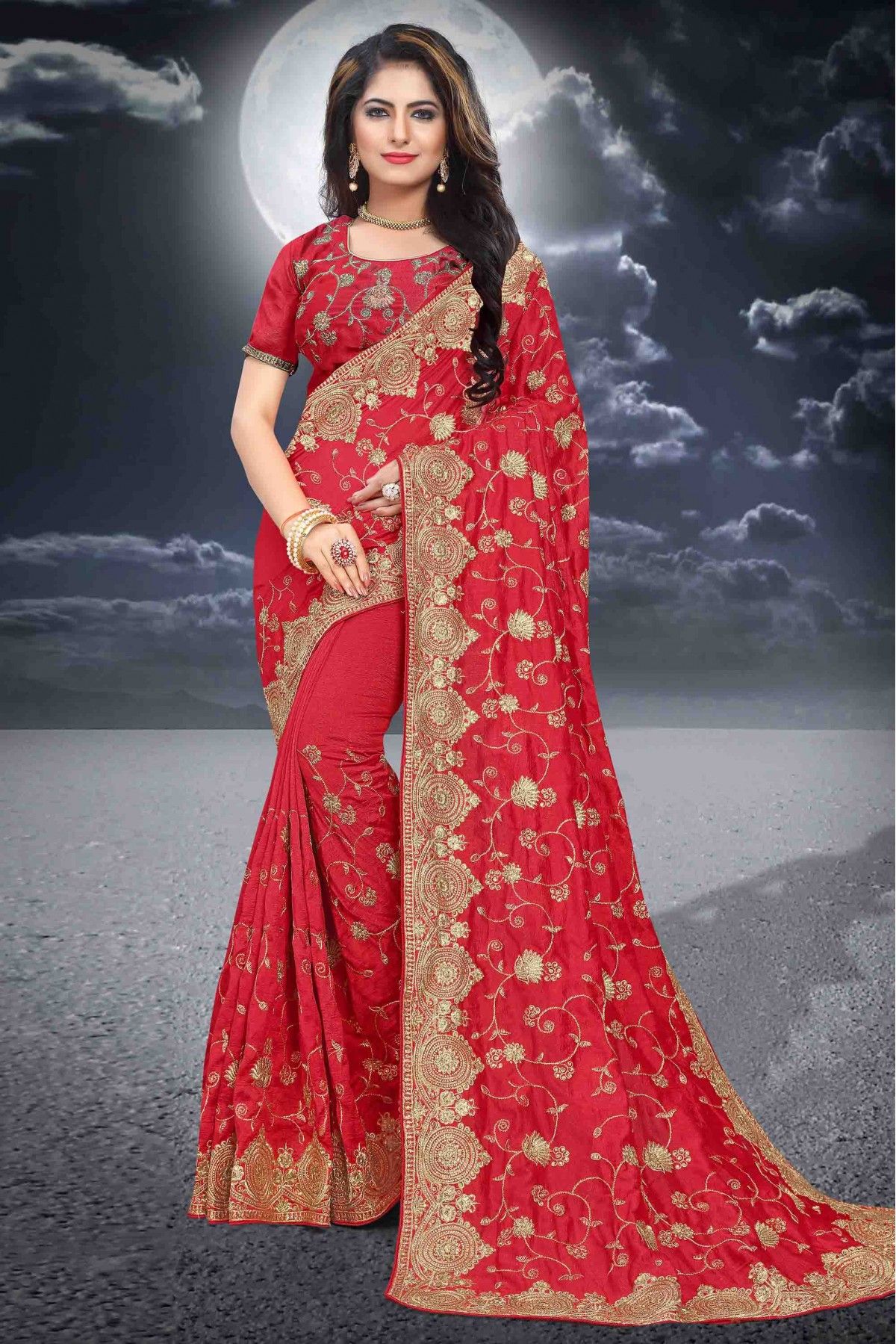 Shop online Snazzy Faux Chiffon Black and Red Designer Saree