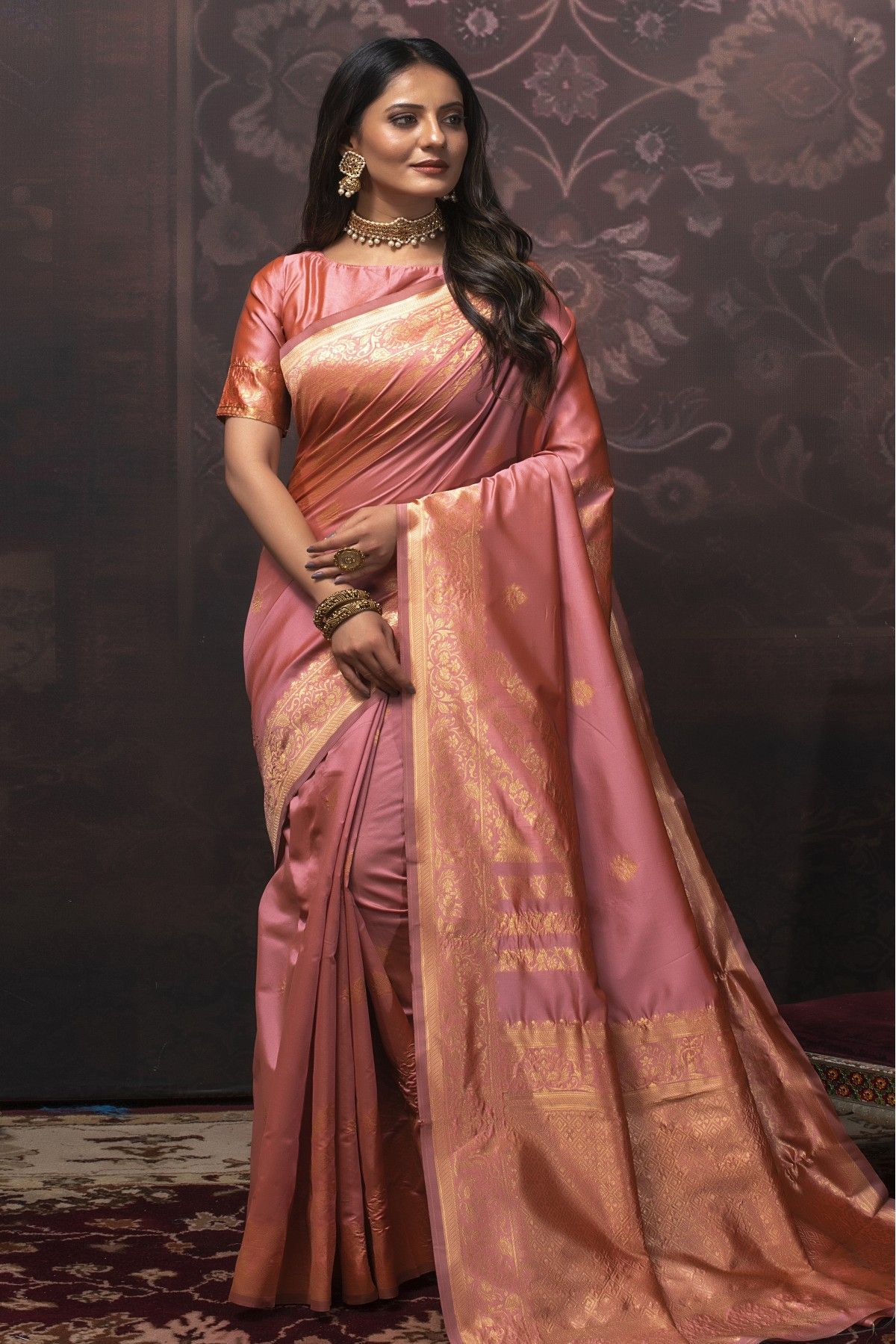 Peach Handloom Katan Silk Banarasi Saree – Mohsin Textiles