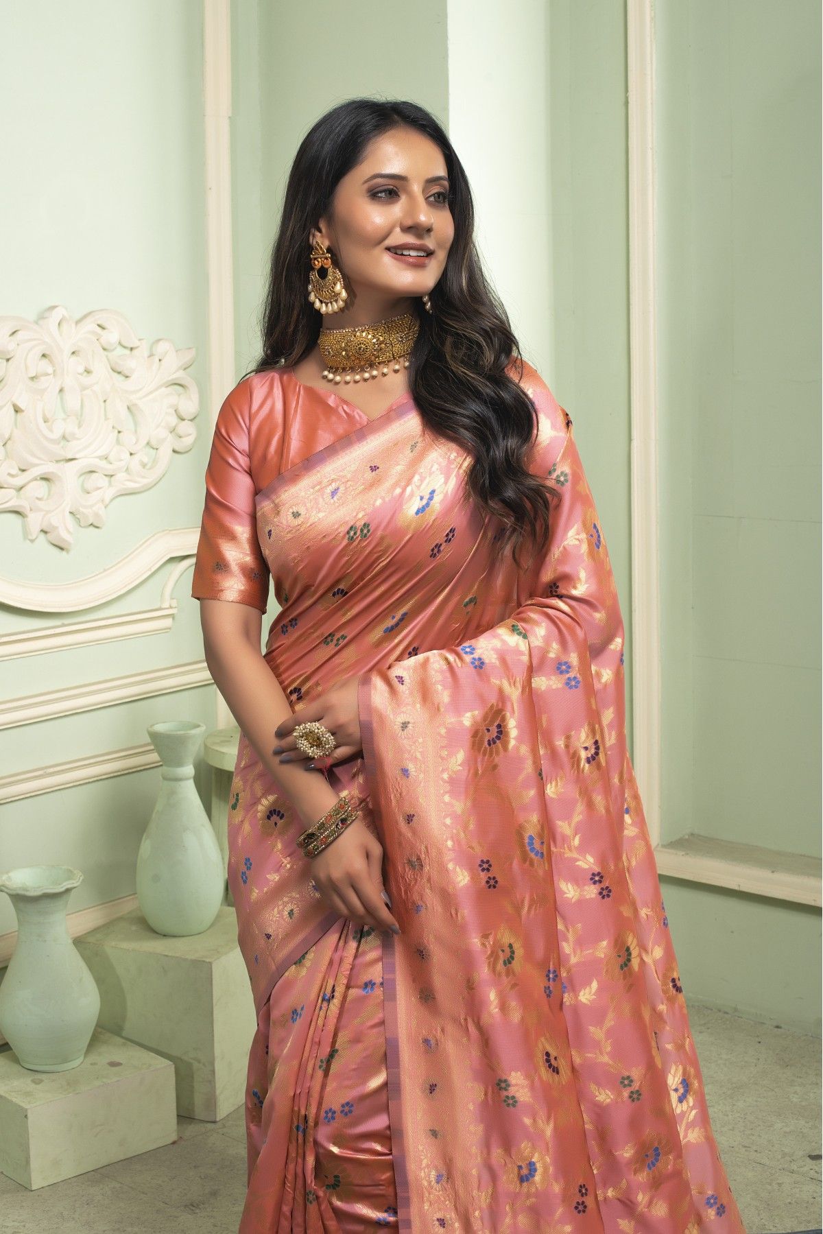 Banarasi Silk Woven Saree In Peach Colour - SR1356128