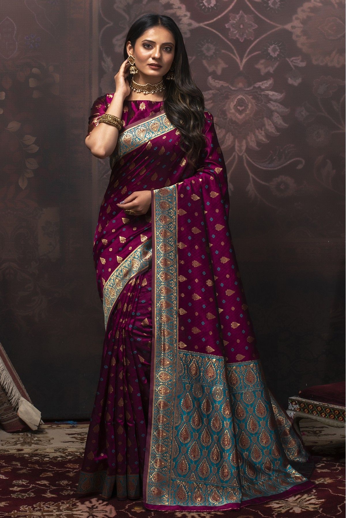 Dark Grey and Mustard Yellow color Banarasi sarees with all over zari work  and majestic contrast