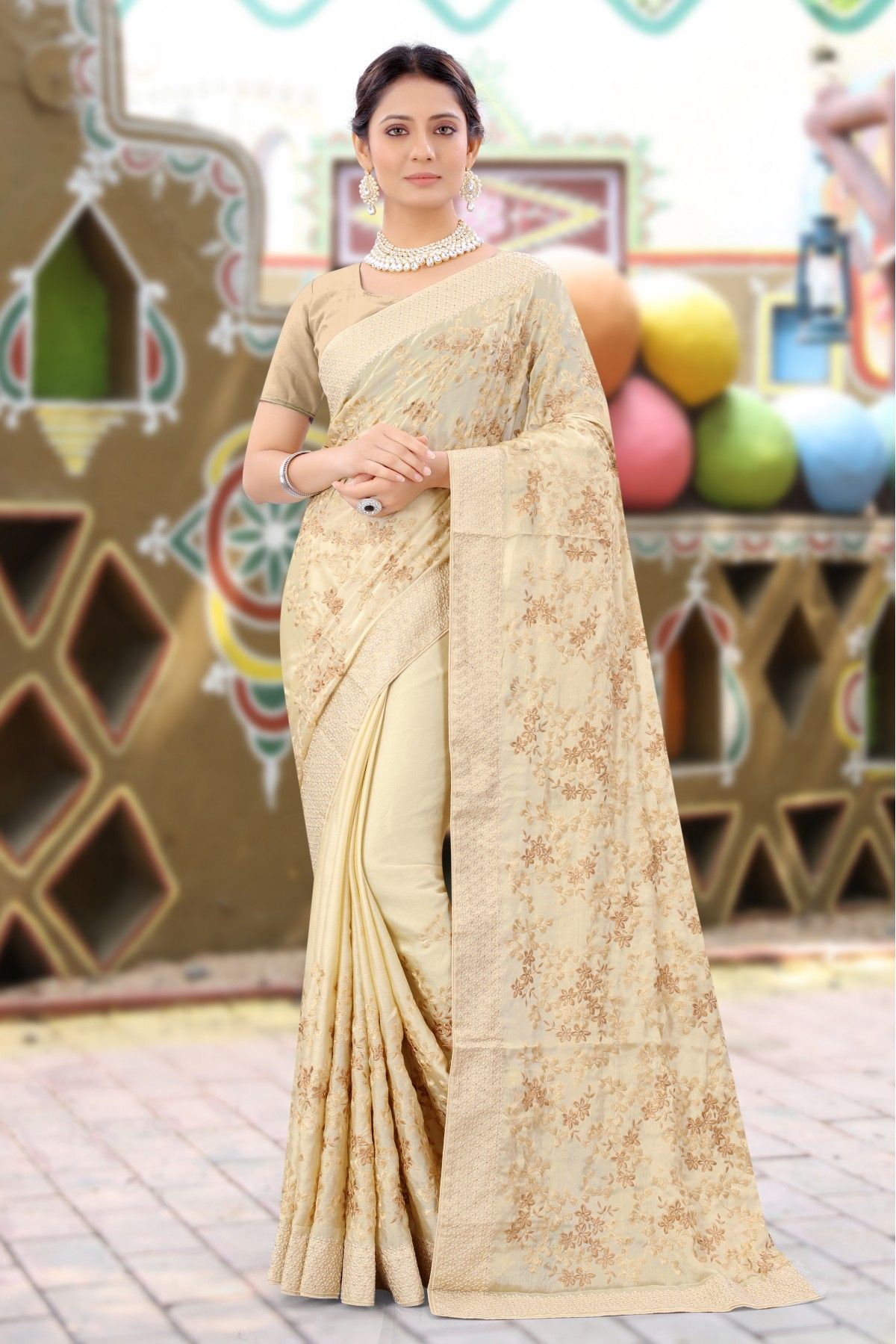 Pink And Cream Party Wear Saree With Matching Blouse MS961932