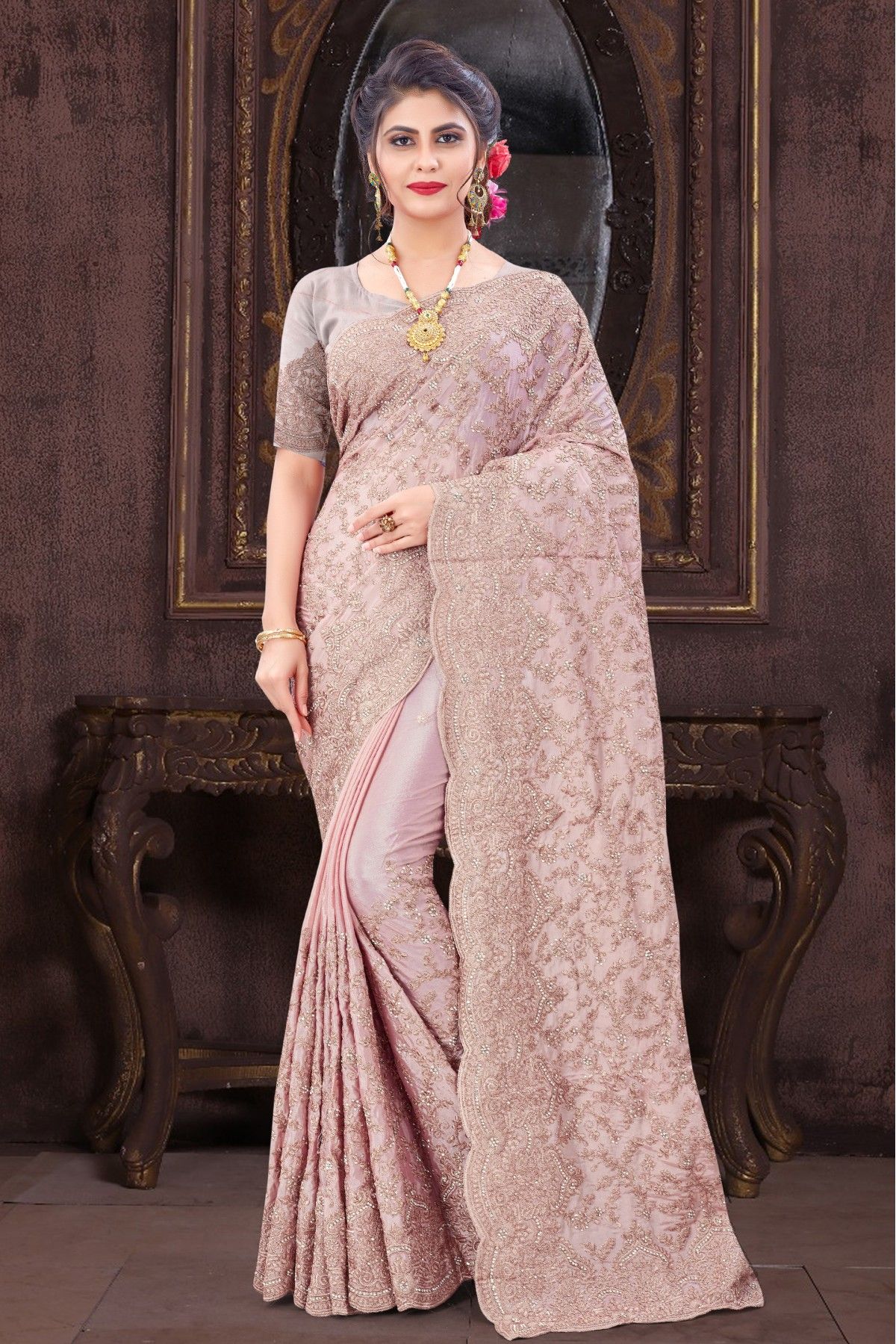 Shop Dusty Pink Embroidered Tussar Georgette Sari Online in USA| Blouse –  Pure Elegance