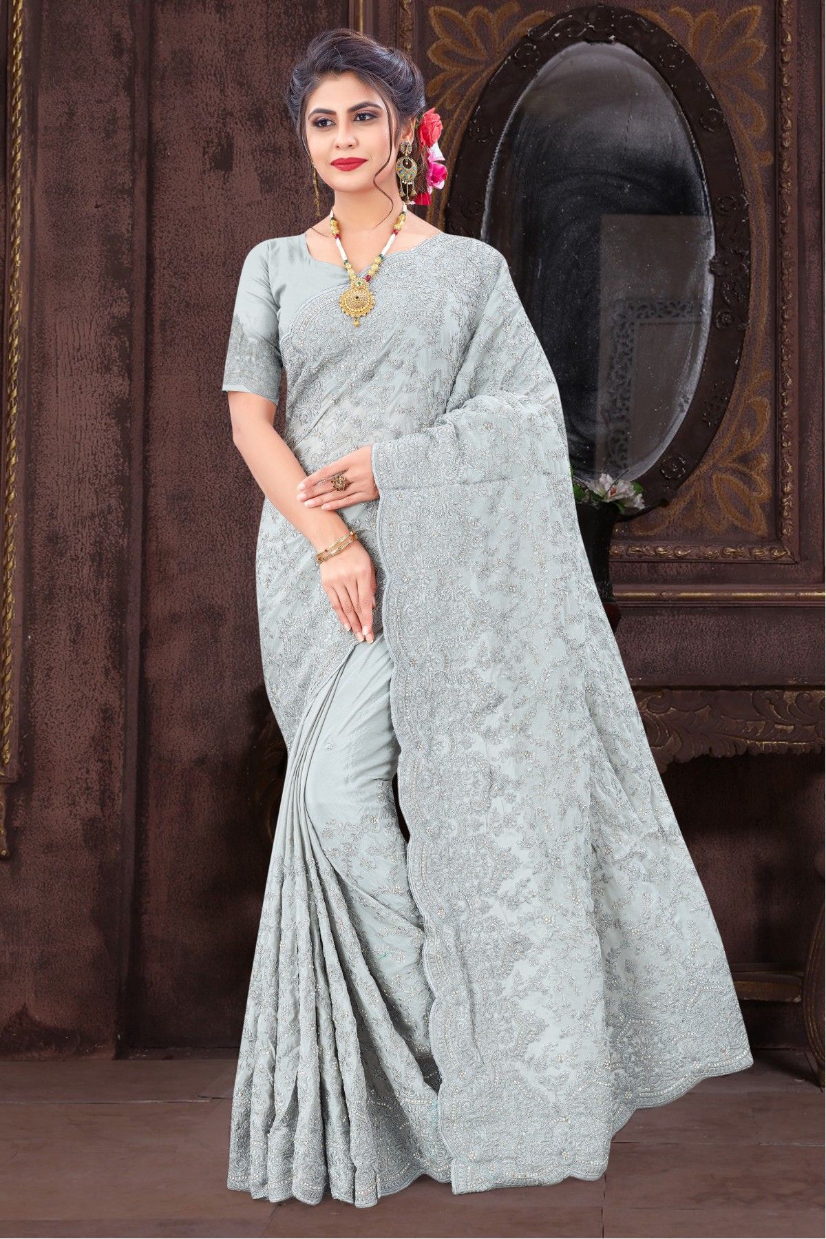 Buy Lilac Grey Tissue Saree In Cut Dana Embroidery In A Moroccan Jaal, The  Border Has Resham Work And Moti Tassel Embroidery