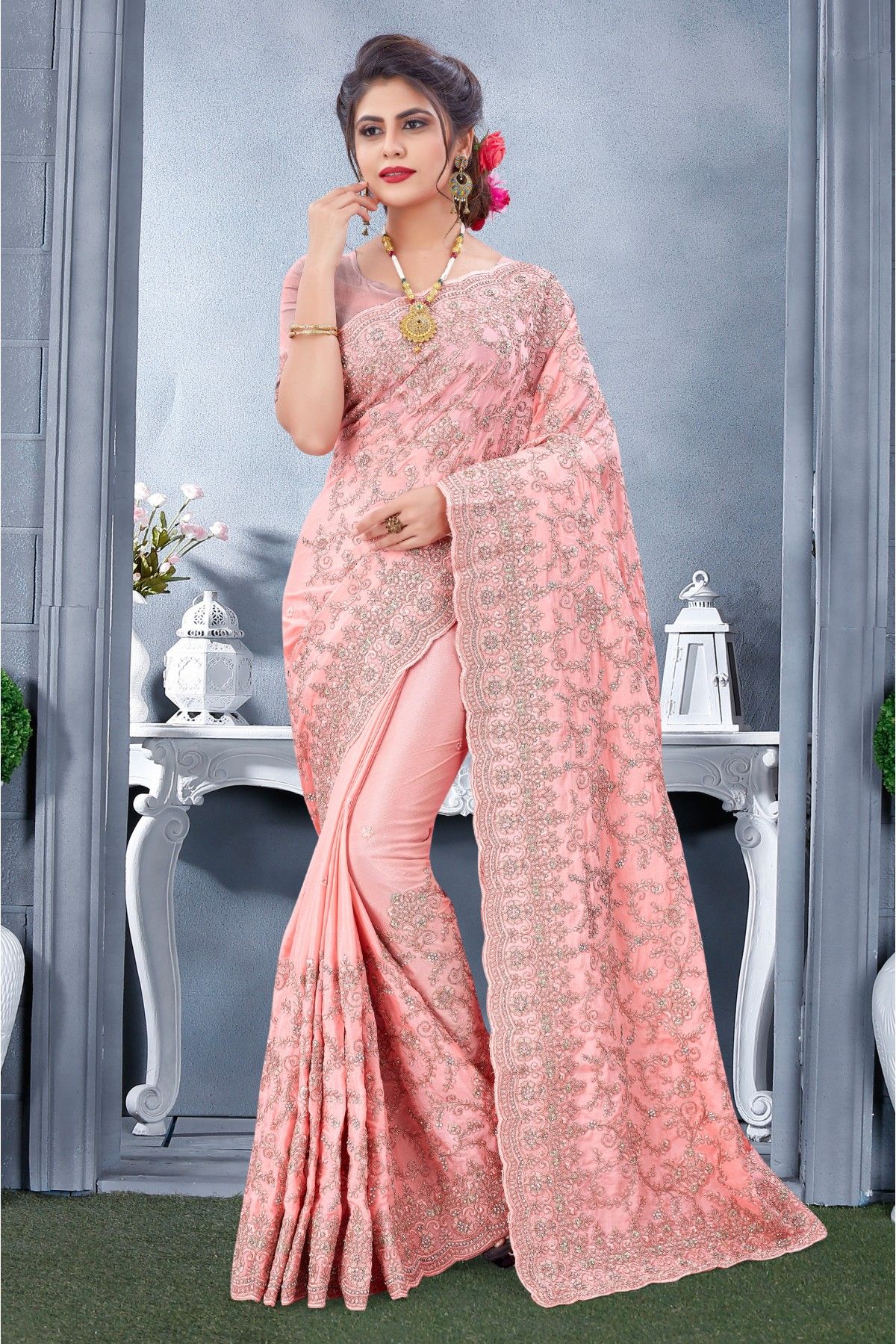 Buy Blush Pink Embroidered Party Wear Saree In USA, UK, Canada, Australia,  Newzeland online
