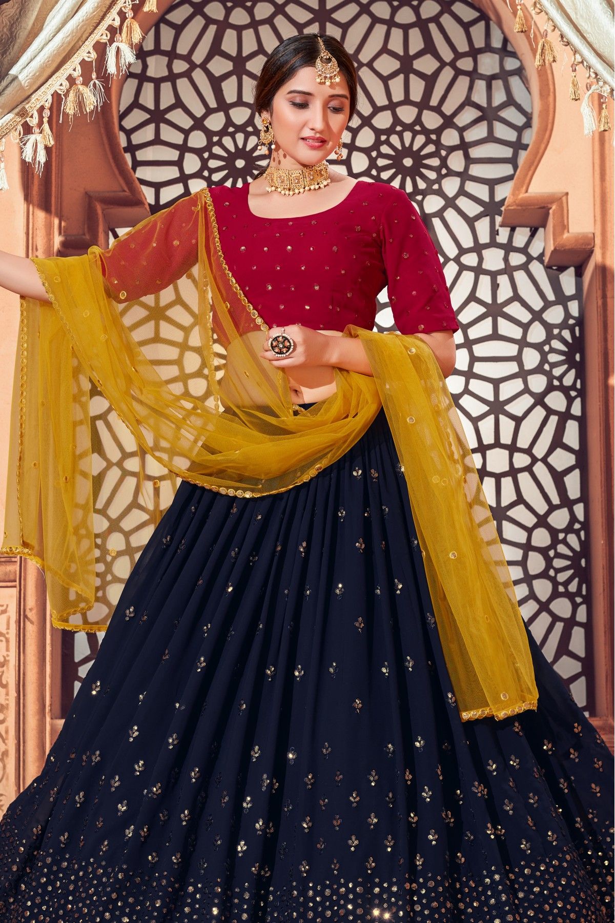 Buy PSPeaches Girls Navy Blue Lehenga with Yellow Choli (Set of 3) online