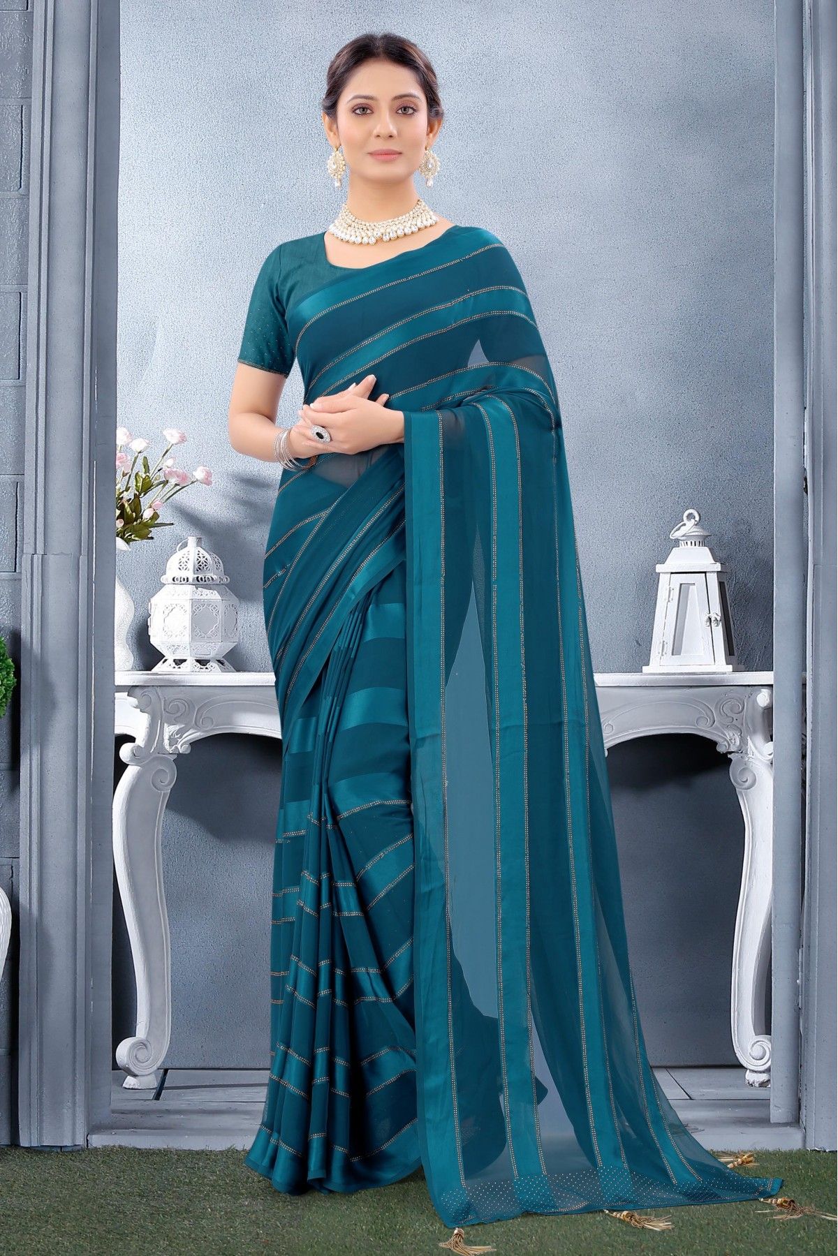 Belt Saree Soft Silk Teal Lace border saree With Blouse