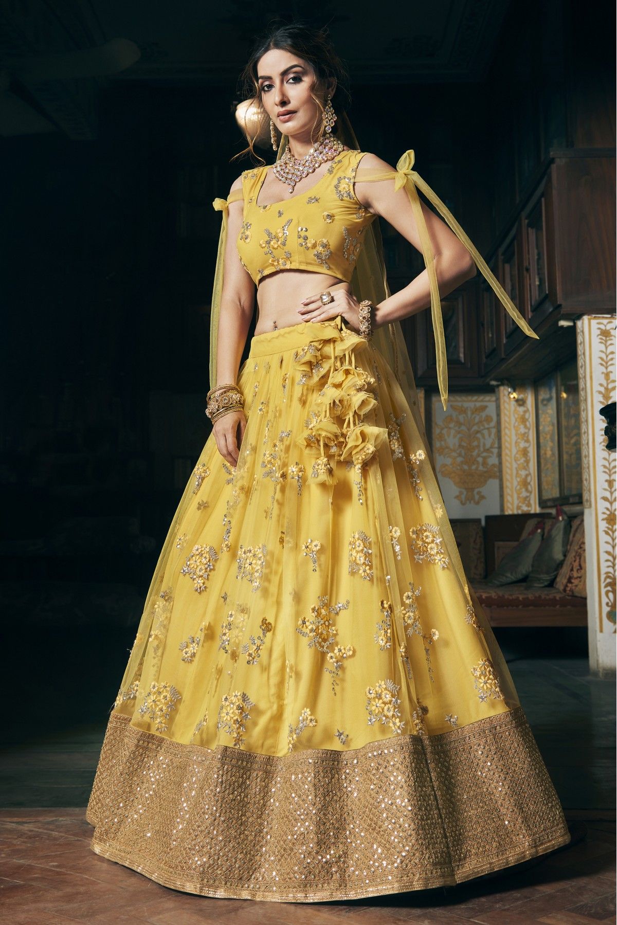 Lehenga - Mustard Yellow Mirror Work Embroidered Silk Lehenga Choli