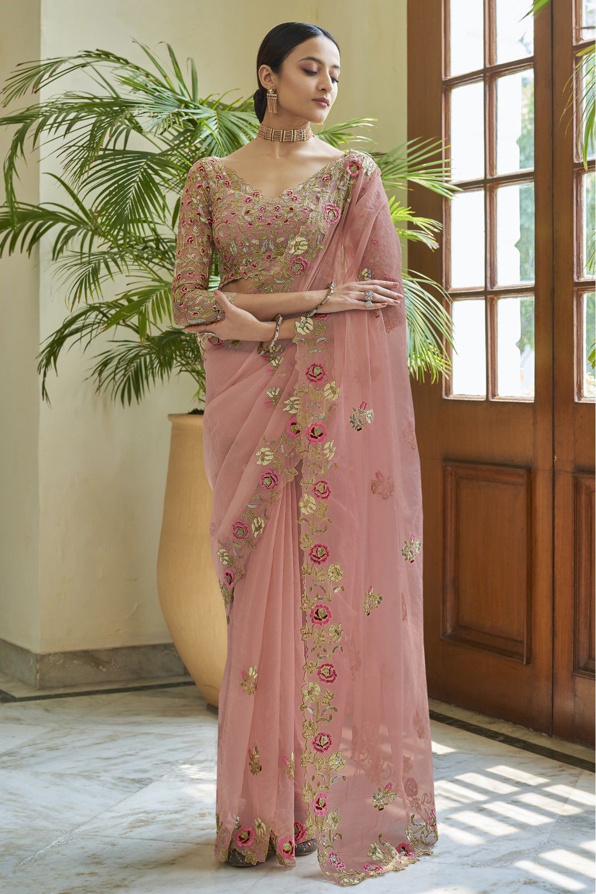 Peach Party Wear Sequence Stone Work Net Saree