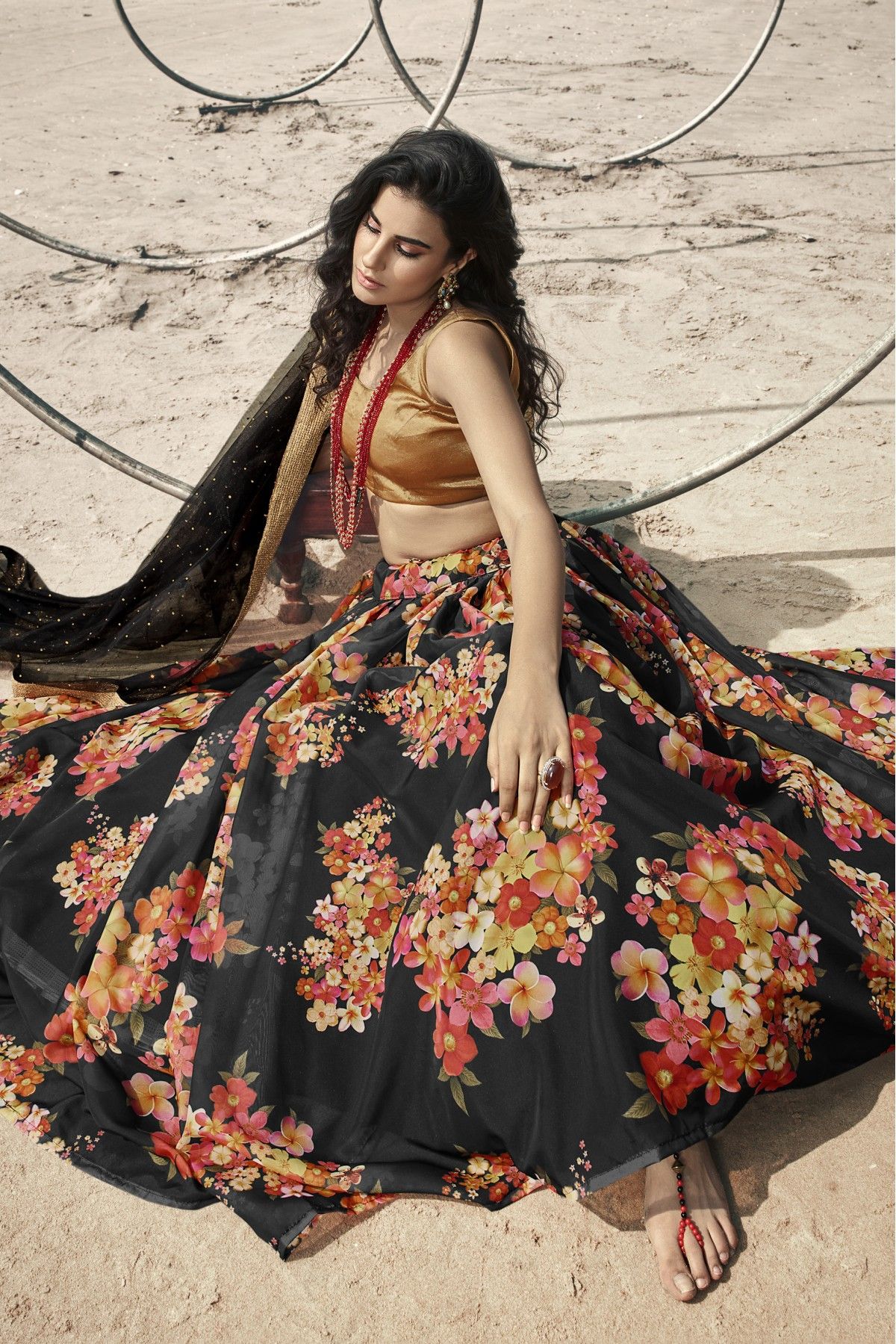 Taffeta Satin Foil Print Lehenga Choli In Black Colour