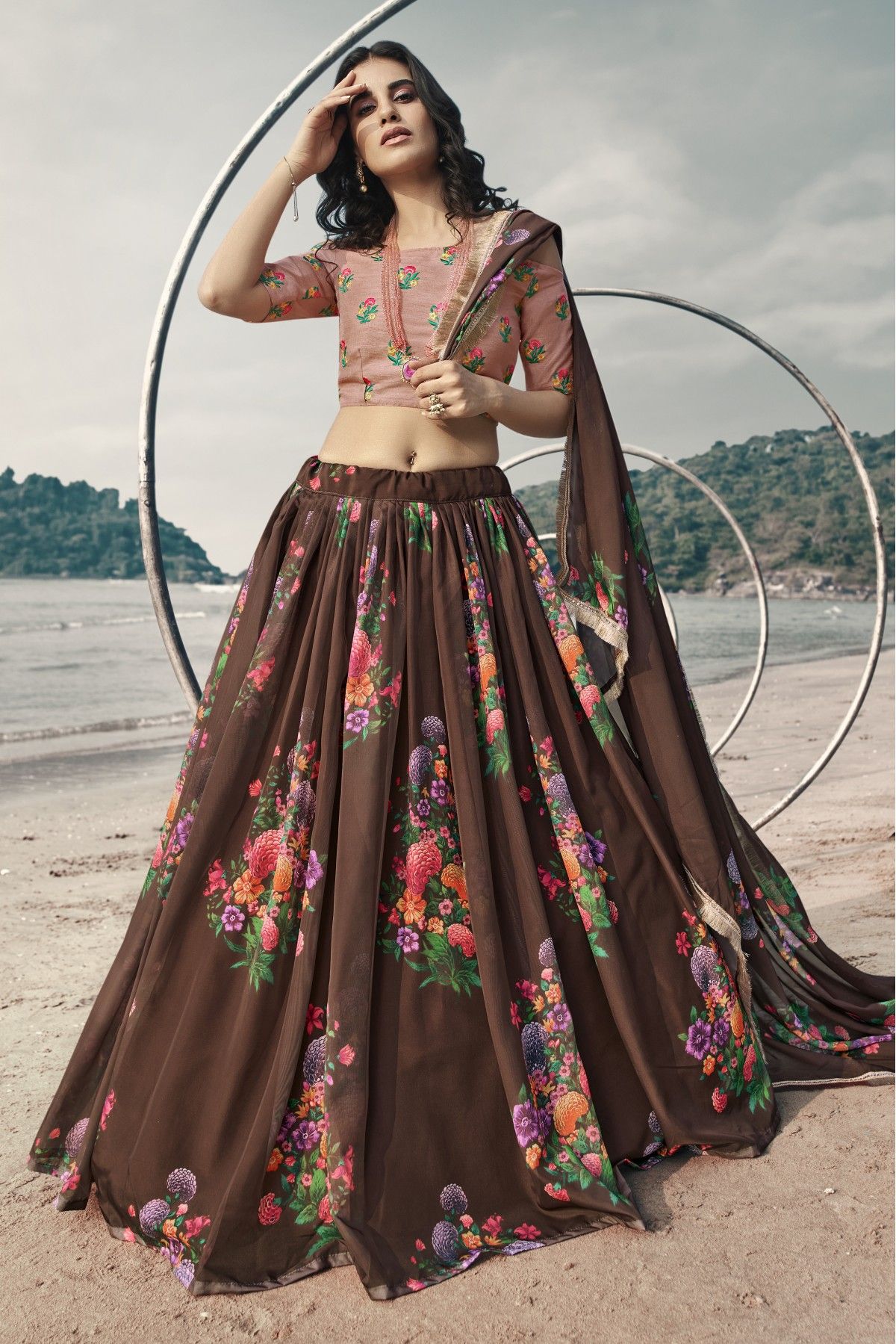 Embellished Chocolate Colour Lehenga Choli Set with Dupatta