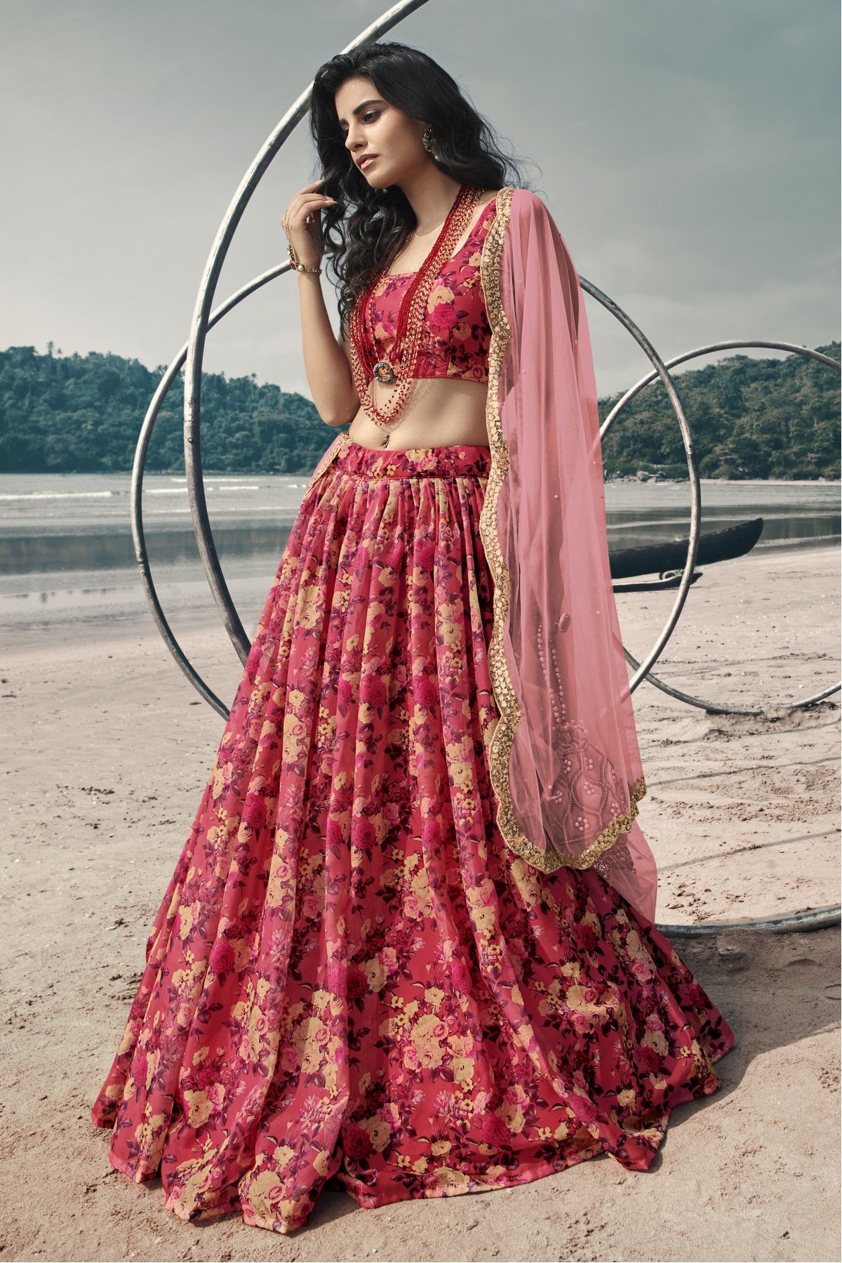 Organza Thread Work Lehenga Choli In Pink Colour - LD4901061