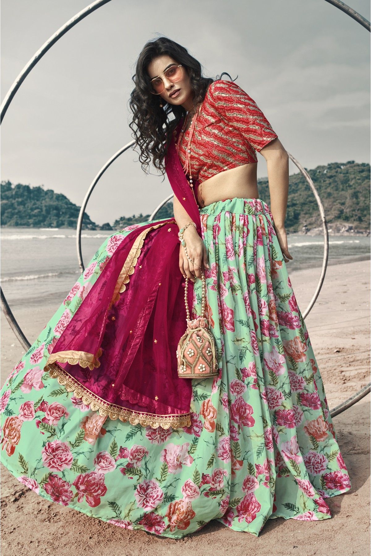 Buy Sky-Blue Digital Printed Silk Lehenga Choli Online At Zeel Clothing