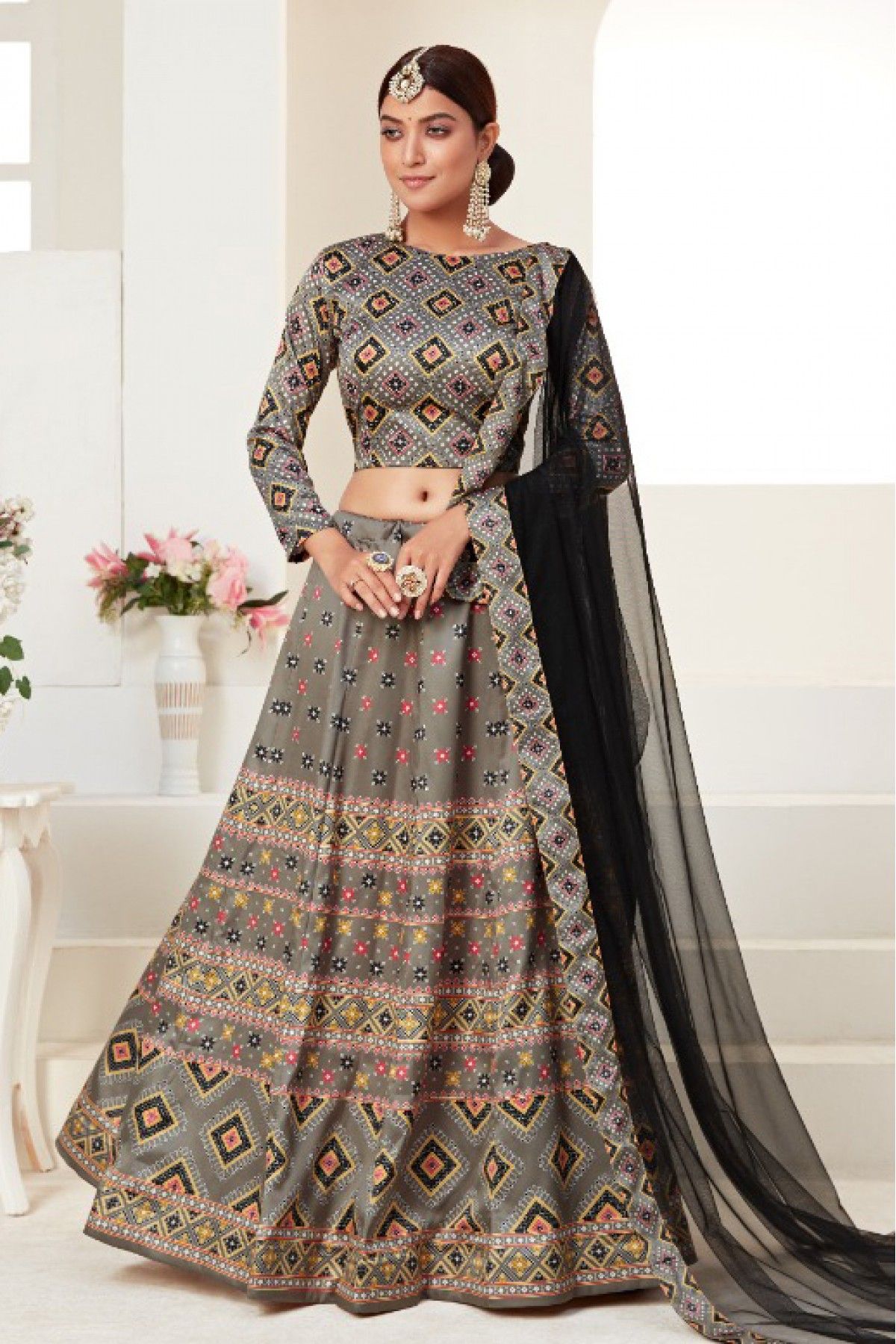 Grey color Soft Net Lehenga with Heavy Embroidery work-Cloth