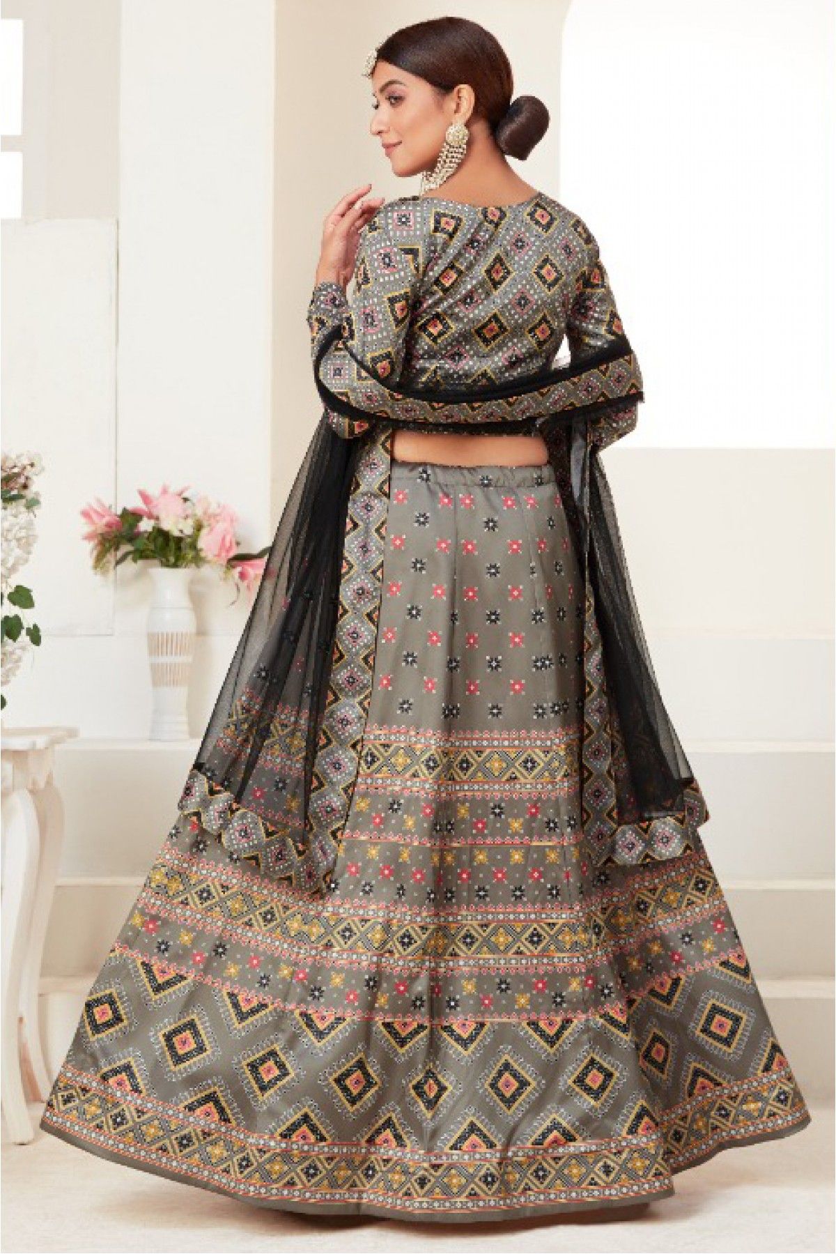 Soft Net Embroidery Lehenga Choli In Grey Colour - LD4900254