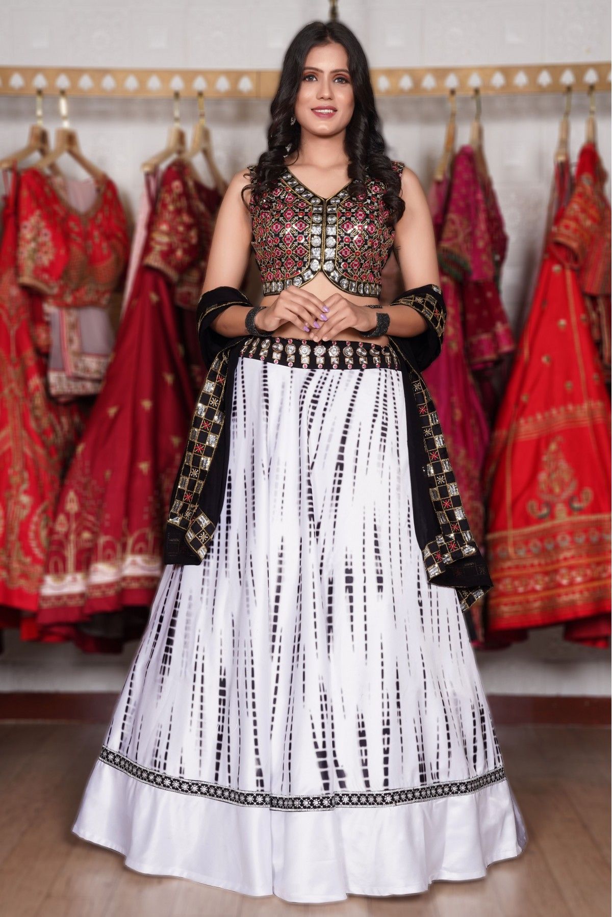 Buy Designer Sarees, Salwar Kameez, Kurtis & Tunic and Lehenga Choli.Appealing  Off White & Black Lehenga Choli