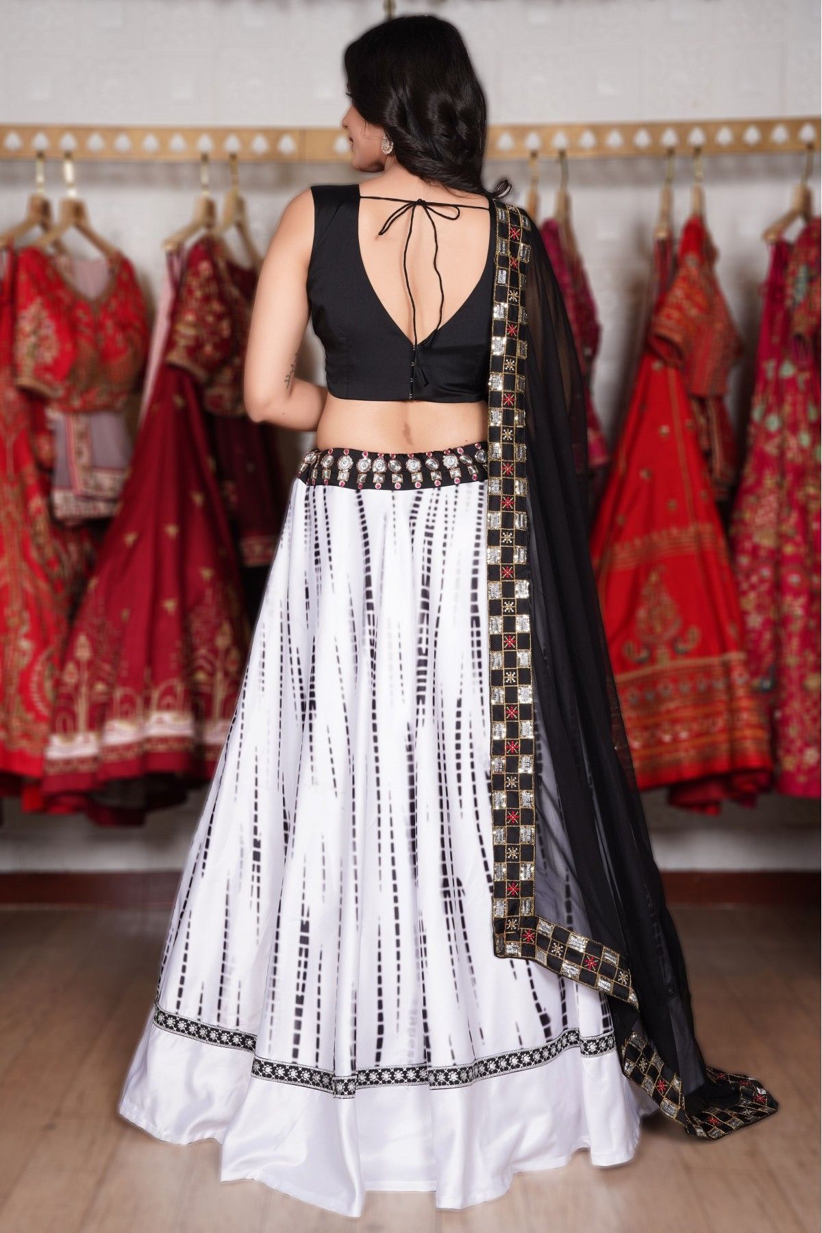 Half Sleeves Black White Embroidered Lehenga Choli With Georgette Dupatta