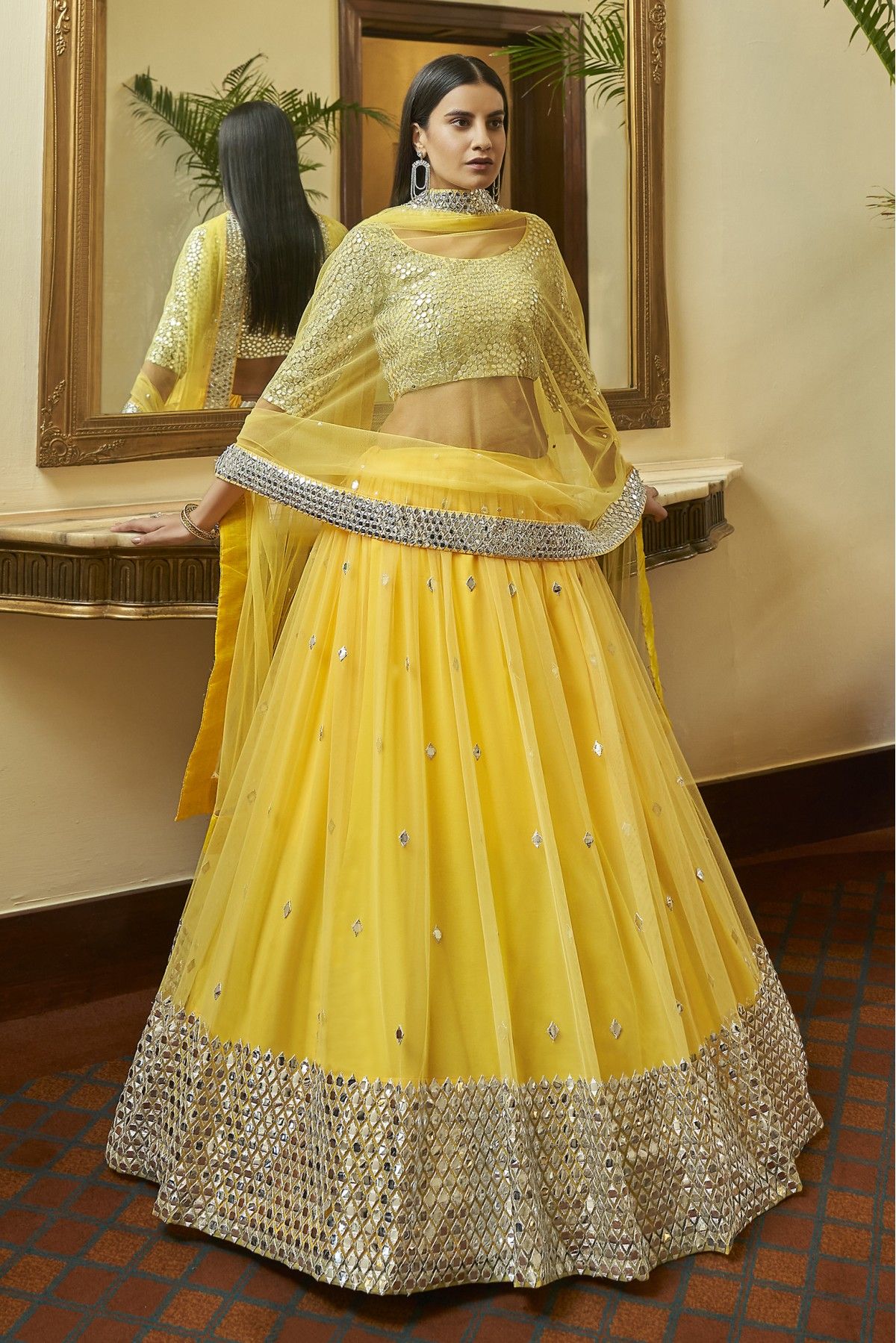 Buy Wedding Wear Yellow Mirror Work Organza Lehenga Choli Online From Surat  Wholesale Shop.