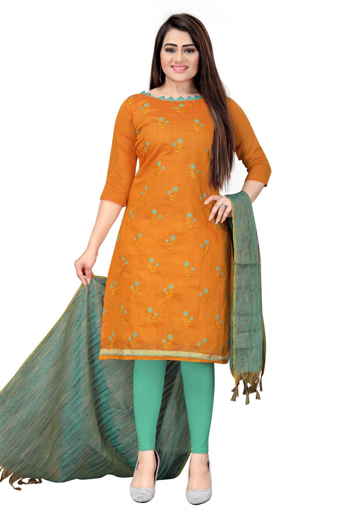 Unstitched Banarasi Cotton Thread Work Churidar Suit In Mustard Colour