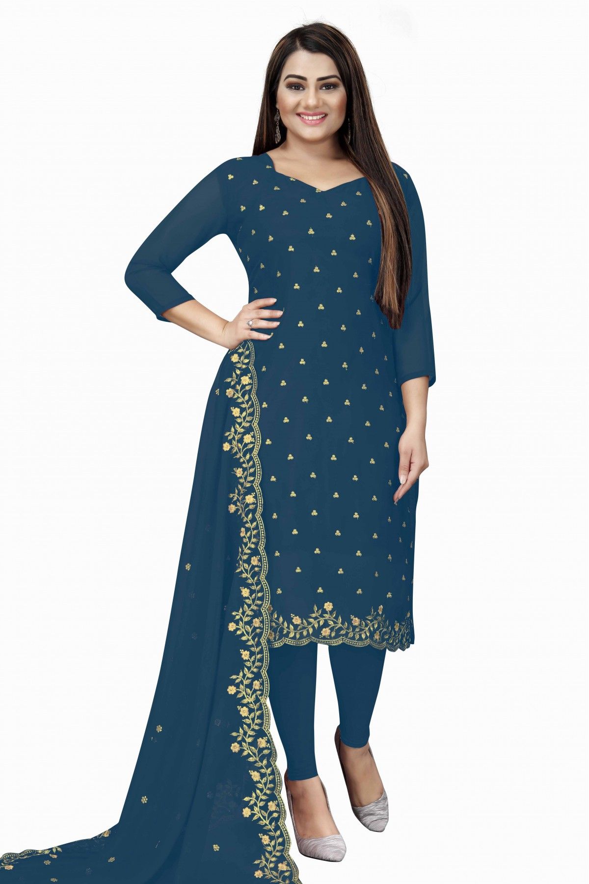 Unstitched Chanderi Cotton Printed Churidar Suit In Blue Colour