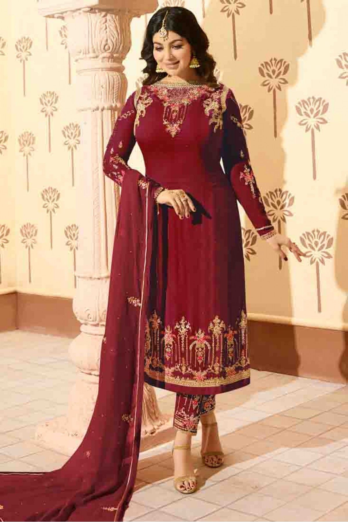 Ayesha Takia Faux Georgette Straight Suit In Maroon Colour