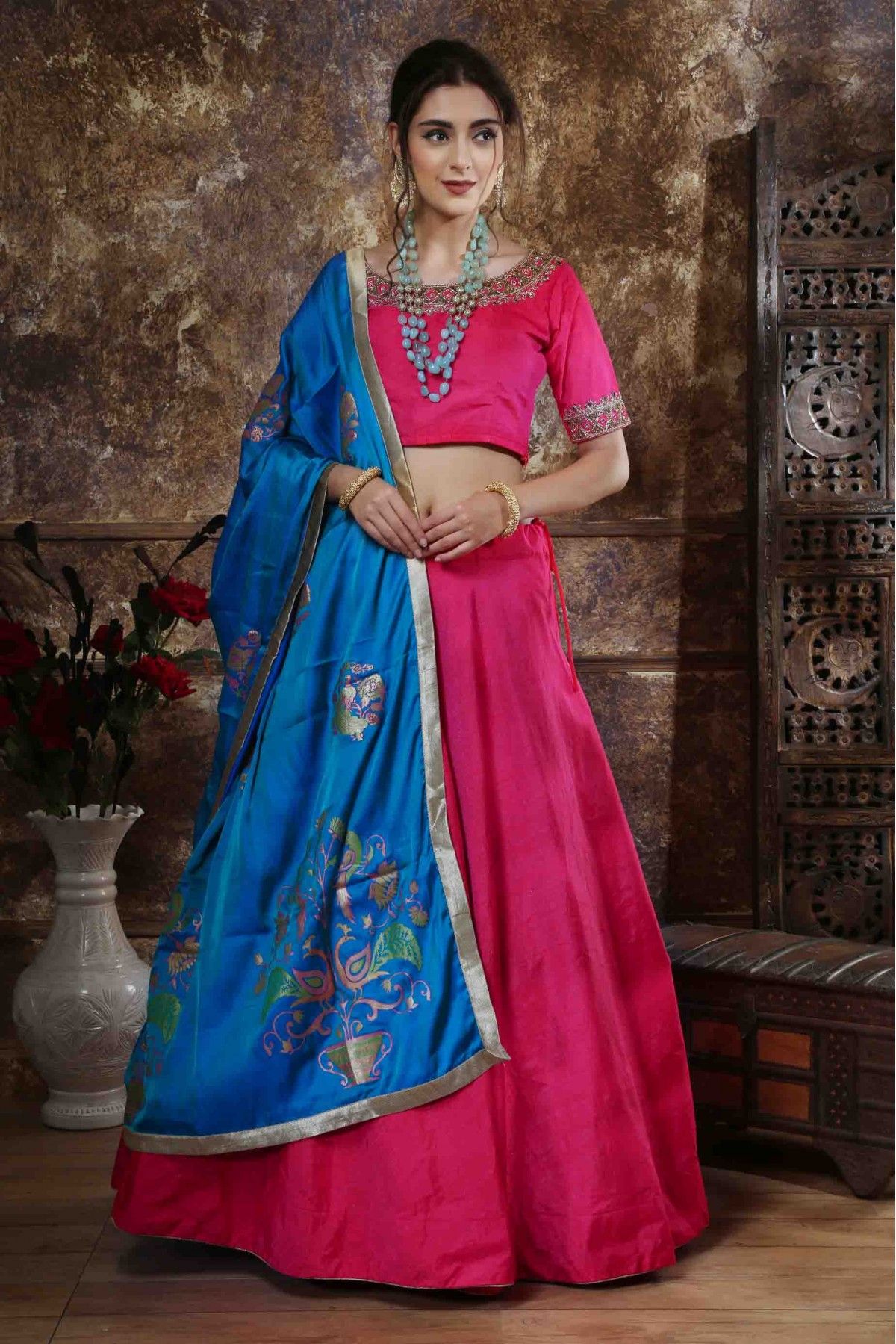 Red Pink Color Crushed Lehenga Choli