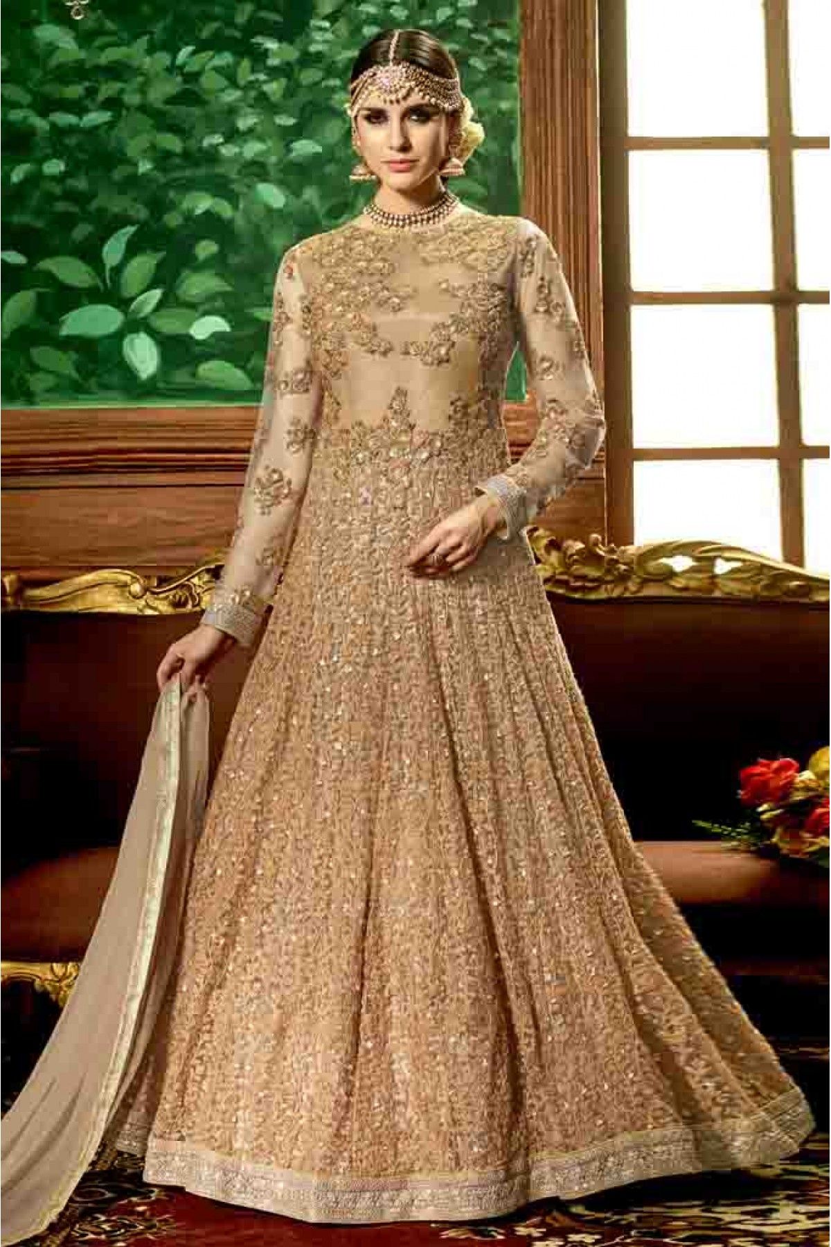 Beige Golden Heavy Designer Sequence Work Traditional/Festive Special Anarkali  Gown with Jacket - Indian Heavy Anarkali Lehenga Gowns Sharara Sarees  Pakistani Dresses in USA/UK/Canada/UAE - IndiaBoulevard