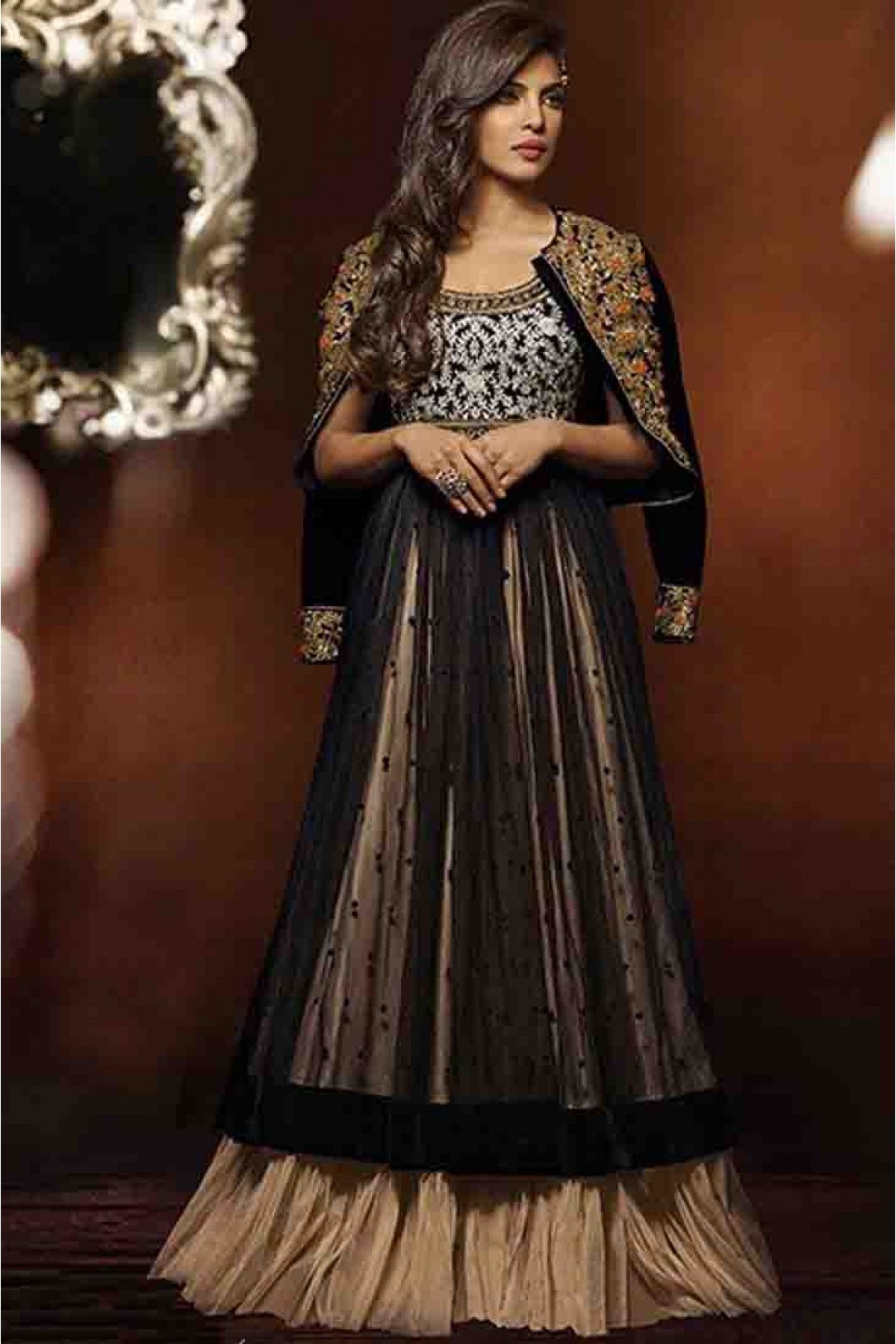Priyanka Chopra Georgette and Velvet Anarkali Suit In Black Colour