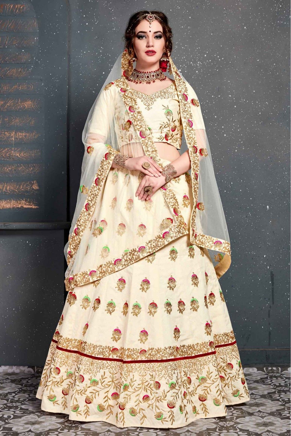 $64 - $129 - Cream Lehenga Style Zardosi Lehenga Choli and Cream Lehenga  Style Zardosi Chaniya Choli Online Shopping