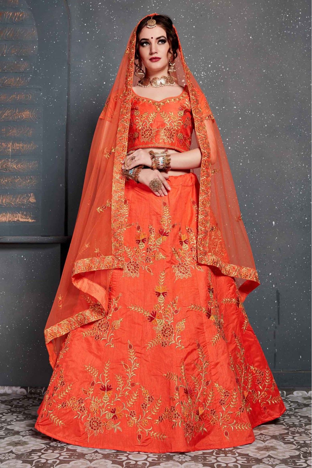 Orange and Red Color Banarasi Silk Lehenga Choli