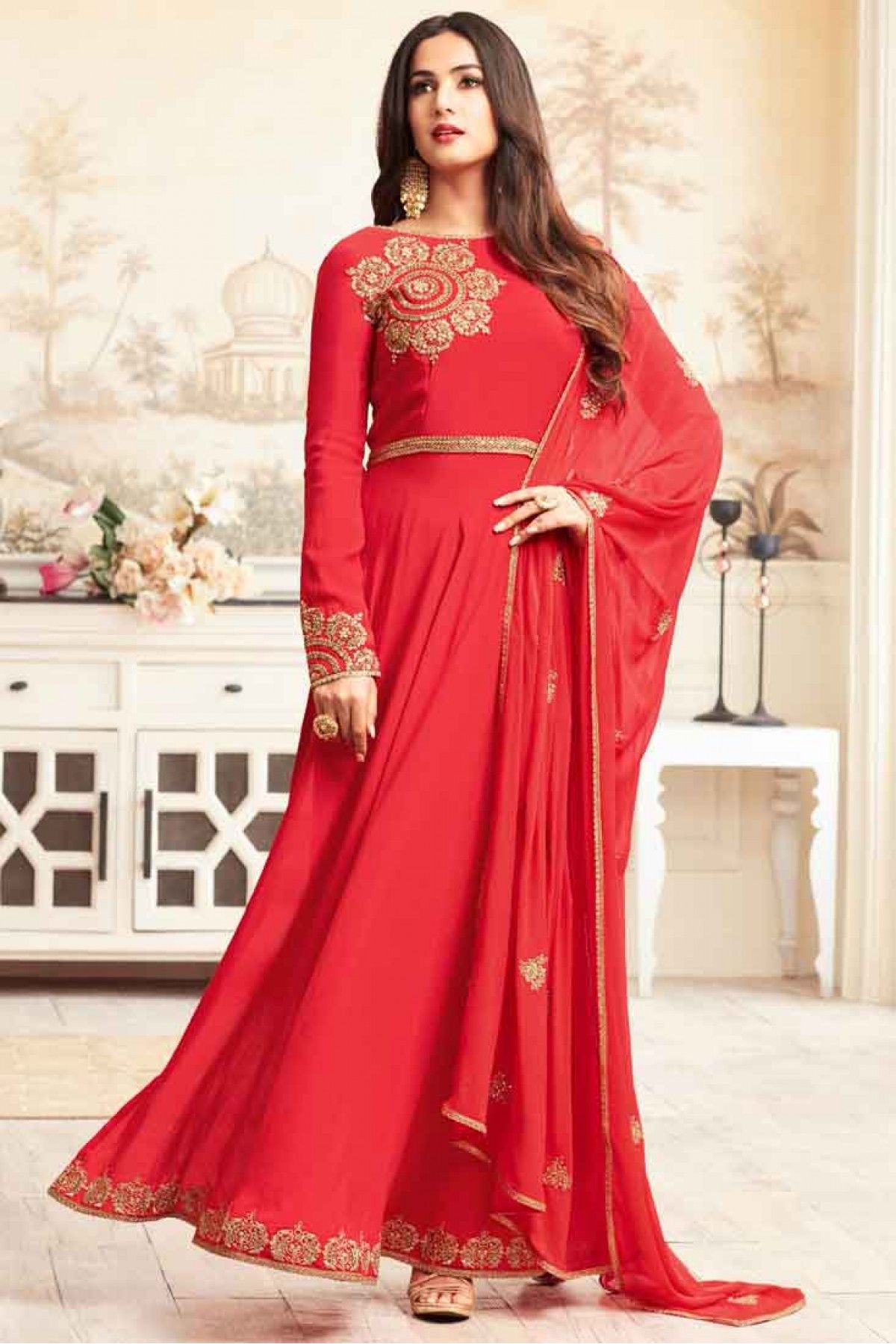 Sonal Chauhan Art Silk Anarkali Suit In Red Colour