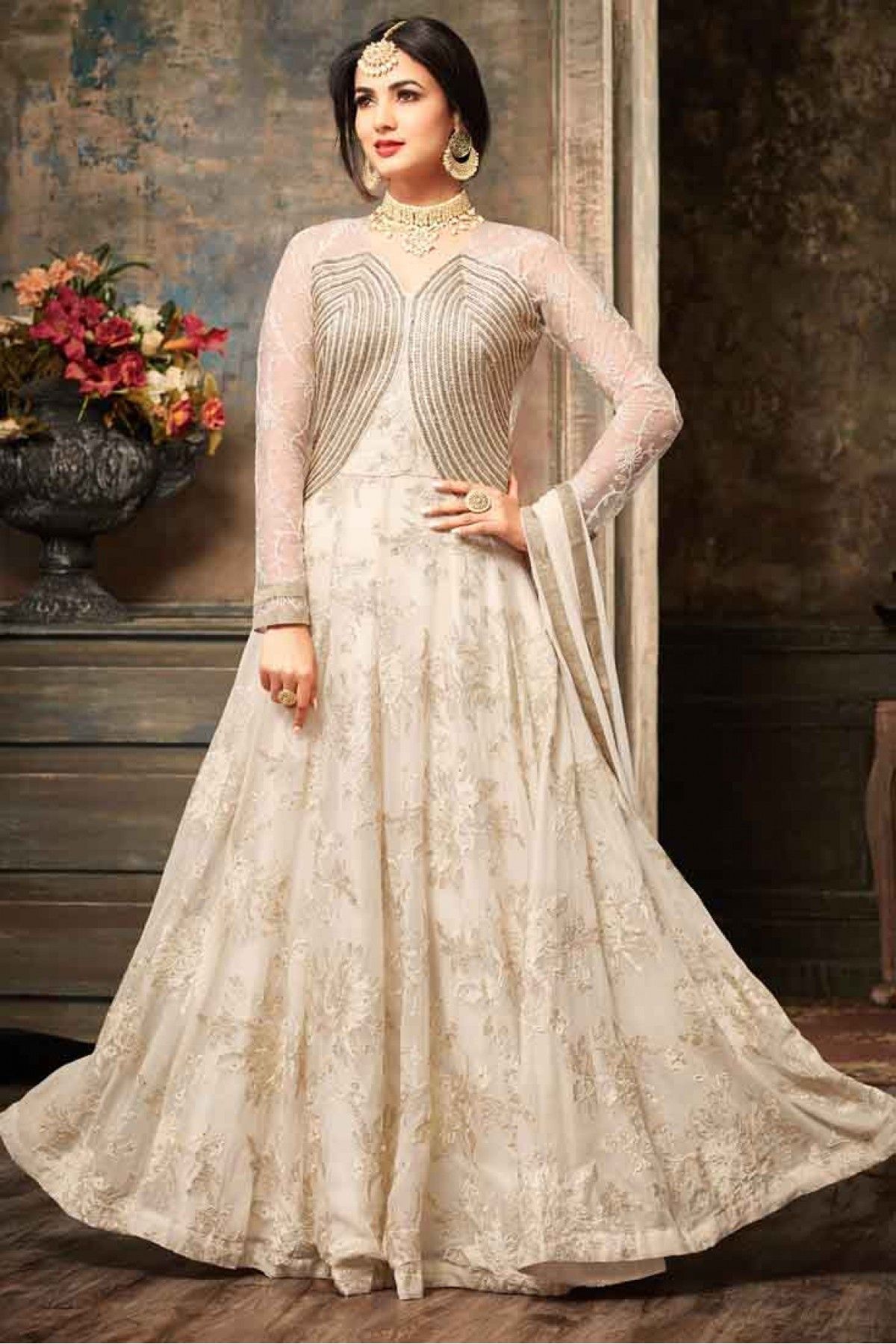 Buy Off White Anarkali Suit For Eid at Rutbaa