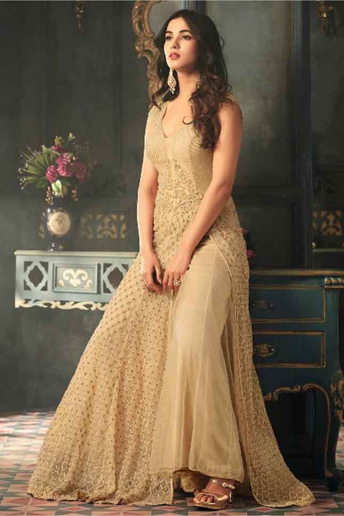 Sky blue golden multi embroidered wedding anarkali gown - Vasu Sarees -  4292421