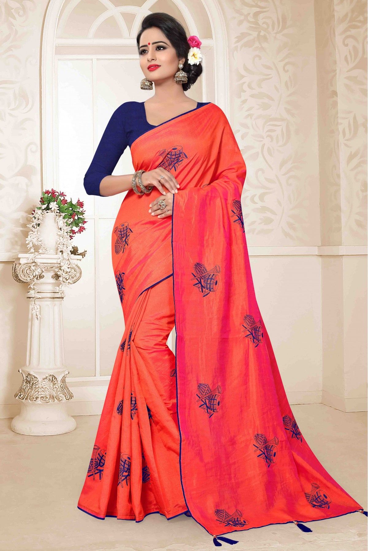 Traditional Banarasi Silk Saree With Contrast Blouse (With Embellished  Border),-Purple & Gajari – Vpnam