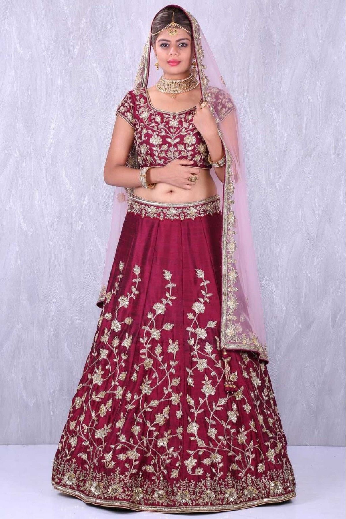 Dark wine silver thread work lehenga