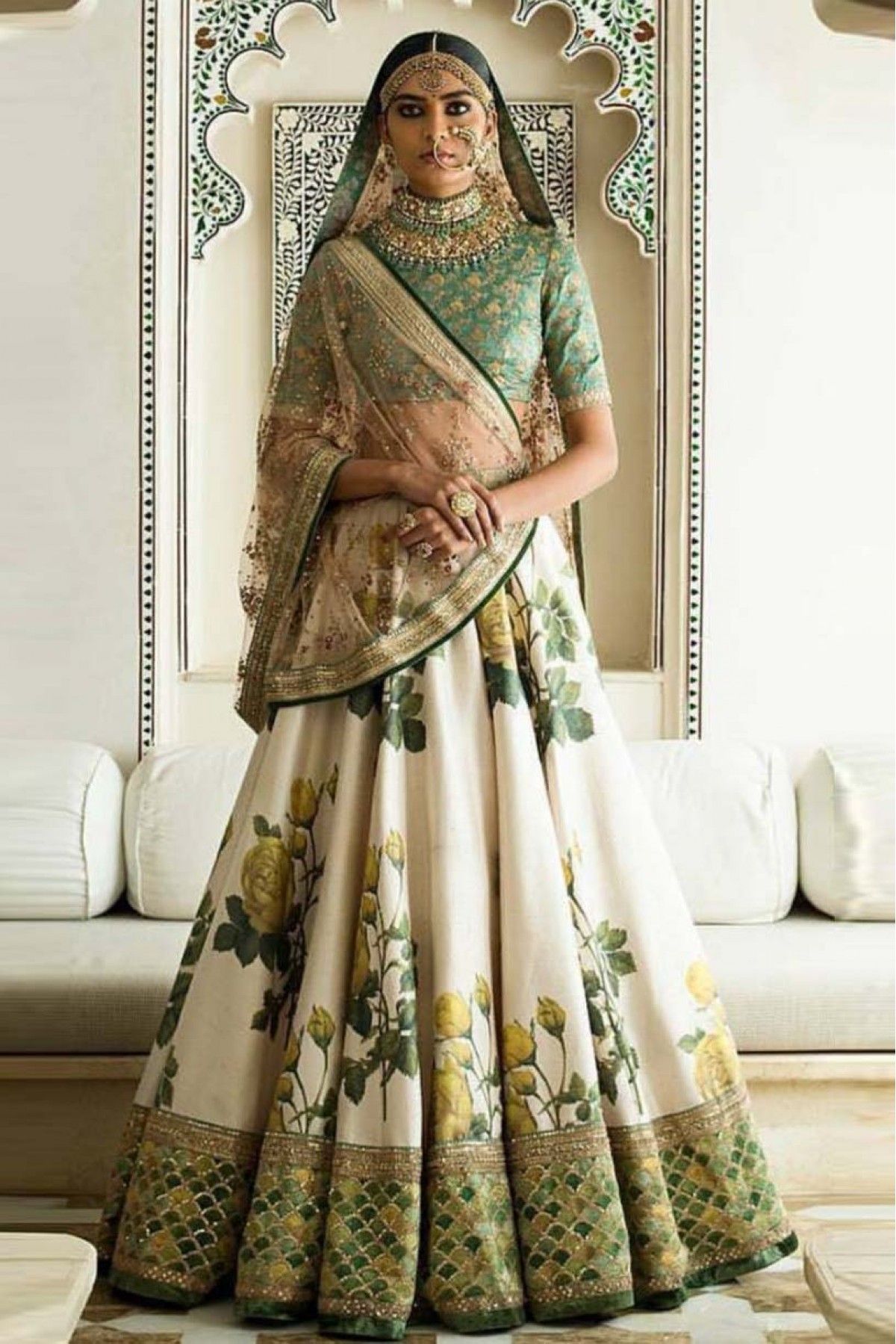 Banglori Silk and Art Silk A Line Lehenga Choli In Cream and Green