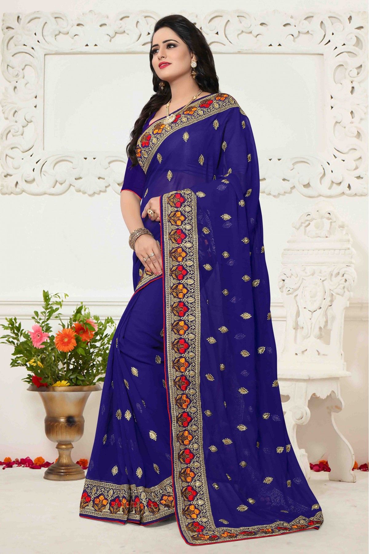 Navy Blue Embroidered Georgette Saree - Buy Navy Blue Embroidered Georgette  Saree online in India