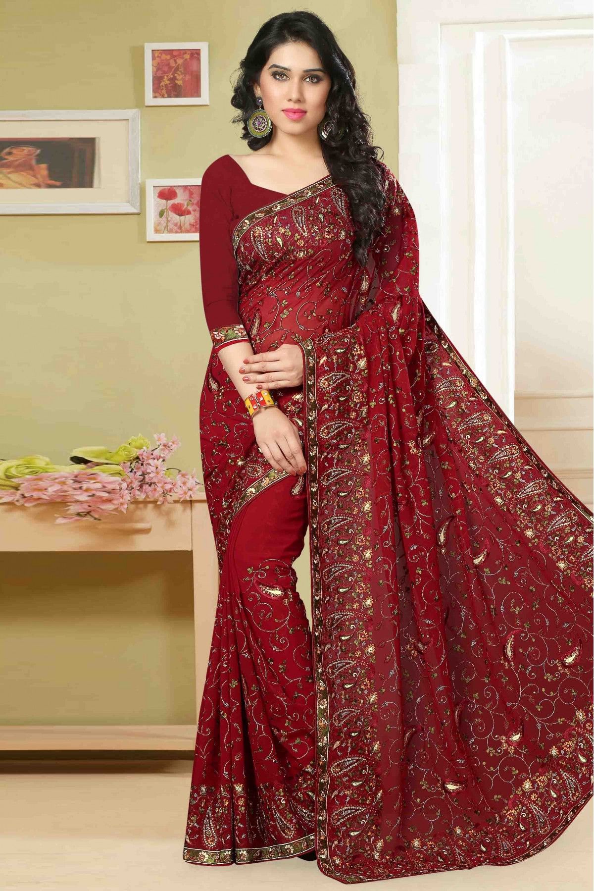 Maroon Brown Woven Georgette Saree – Ethnos