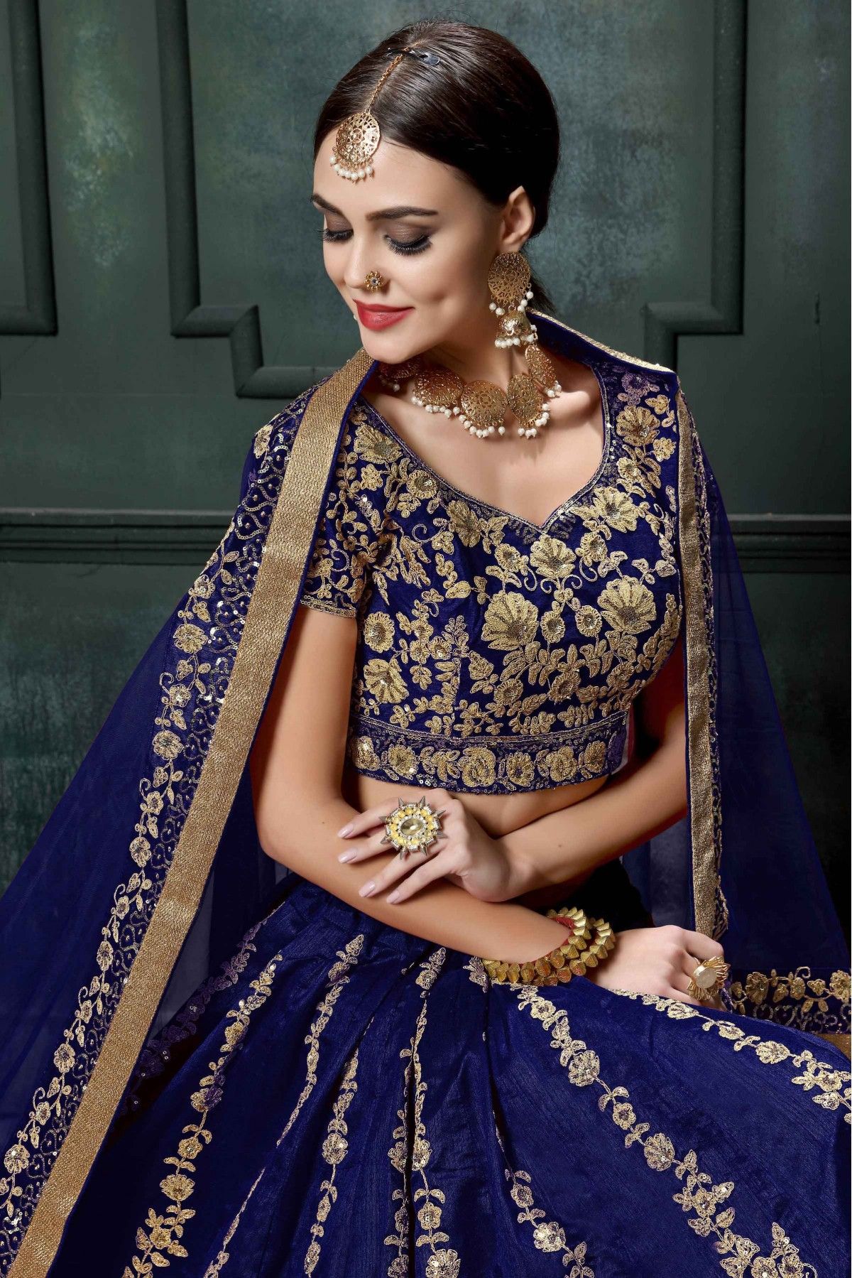 Raw Silk Embroidery Lehenga Choli In Blue Colour