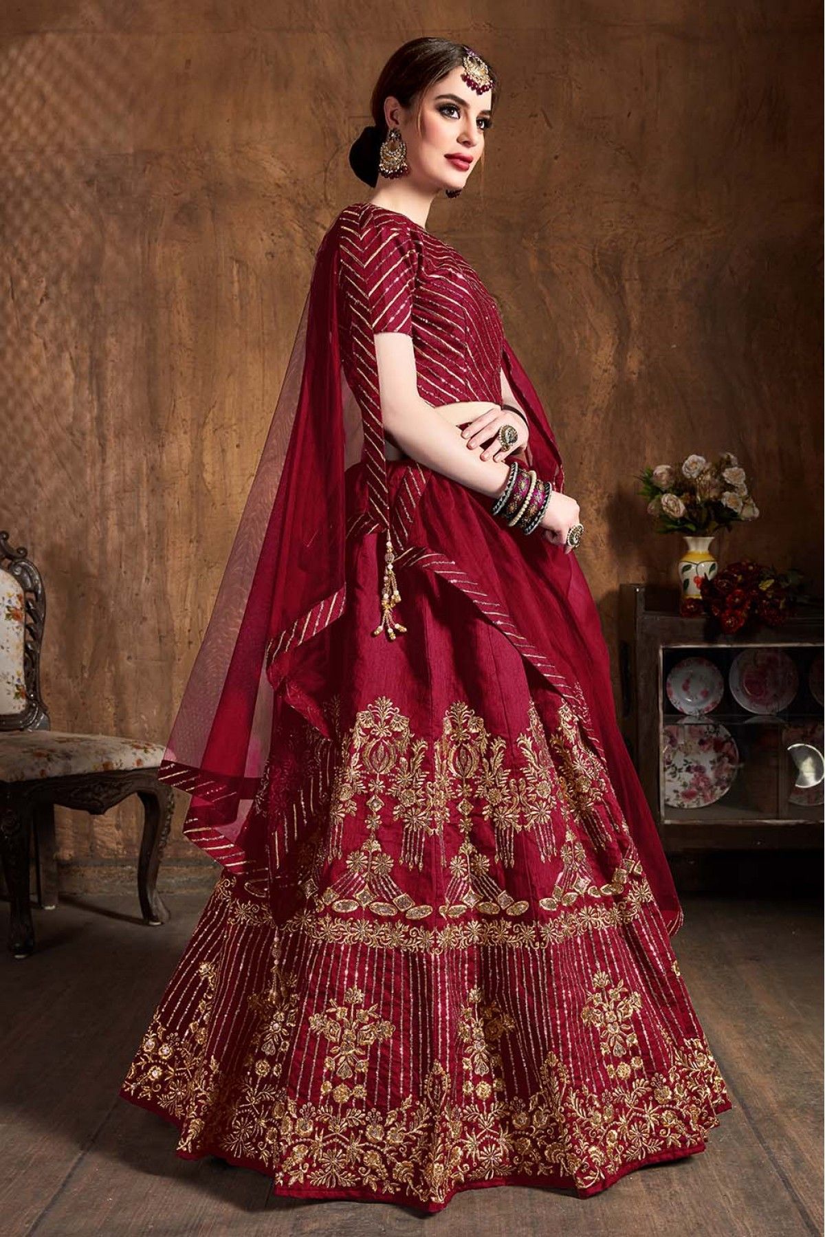Gold & Maroon Embroidered Lehenga Set Design by Ranian at Pernia's Pop Up  Shop 2024