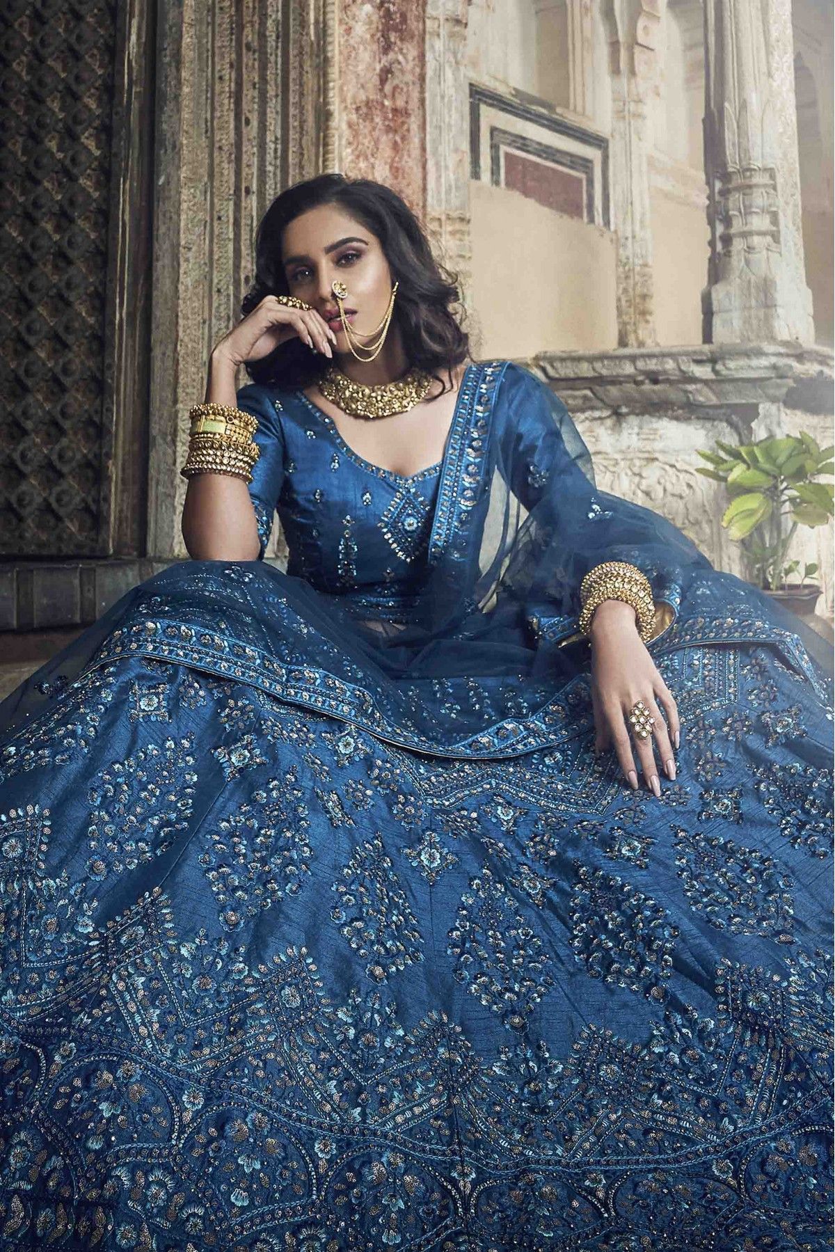 Banglori Silk Embroidery Lehenga Choli In Royal Blue Colour