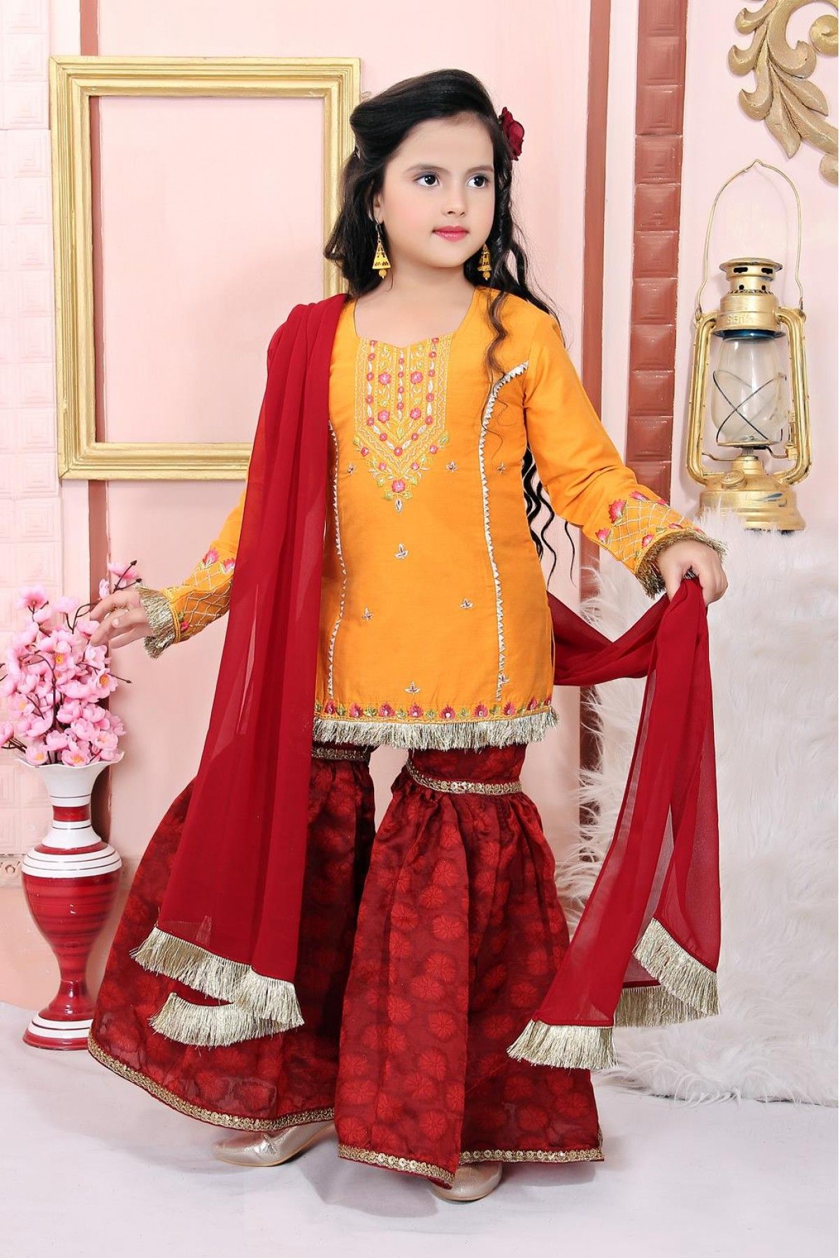 Buy Mustard Embroidered Silk Blend Straight Sharara Suit Set With Dupatta  Online at Rs.3119